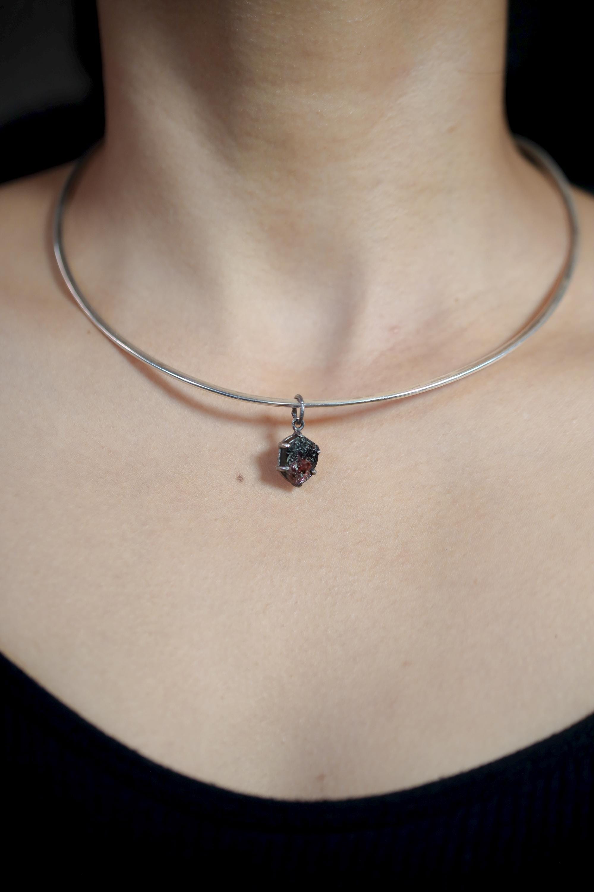 Hexagonal Polished Slice of Natural Pink Tourmaline wand specimen Pendant 925 Sterling Silver Oxidized Claw Setting Unique Gift