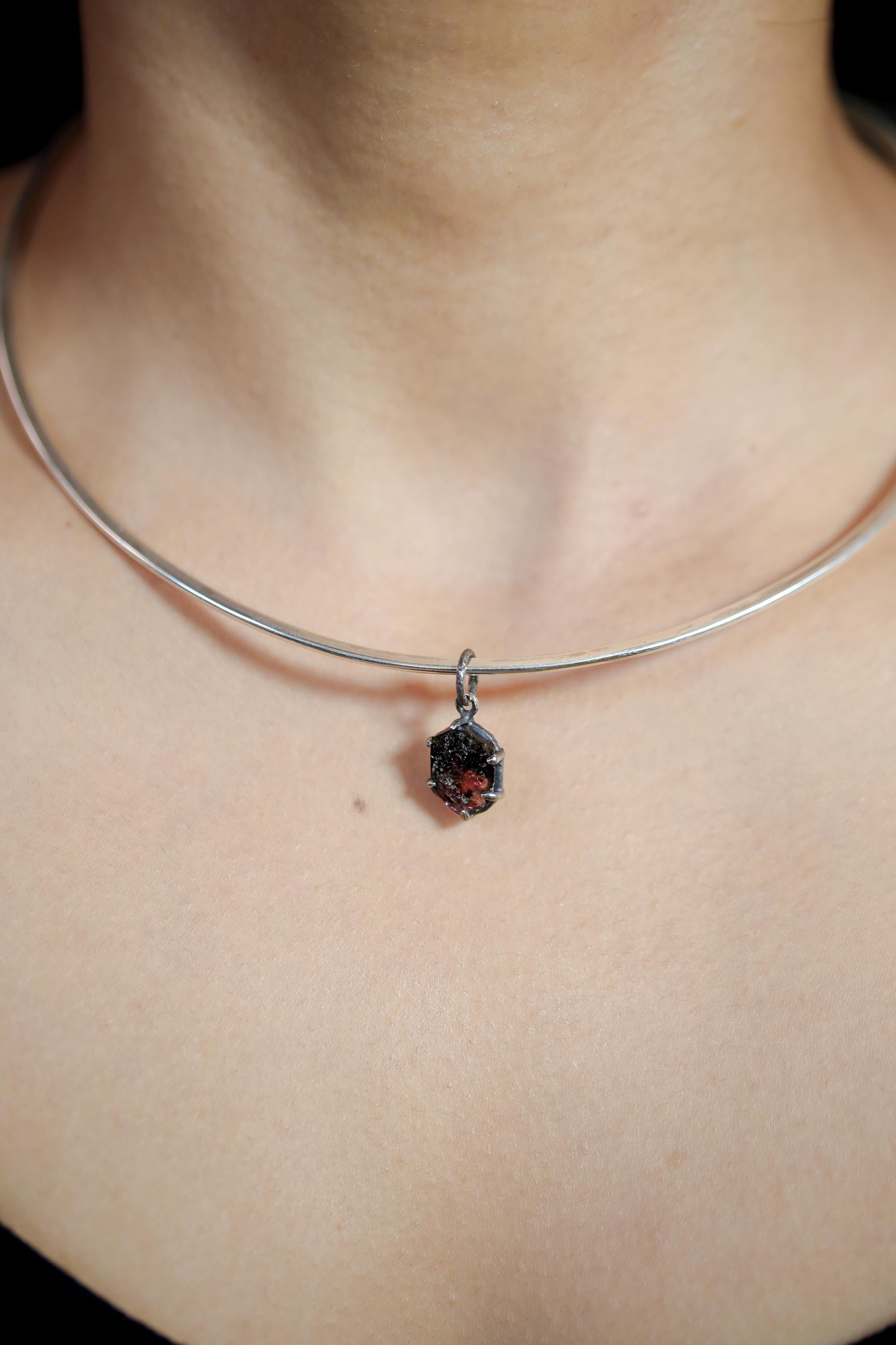 Hexagonal Polished Slice of Natural Pink Tourmaline wand specimen Pendant 925 Sterling Silver Oxidized Claw Setting Unique Gift