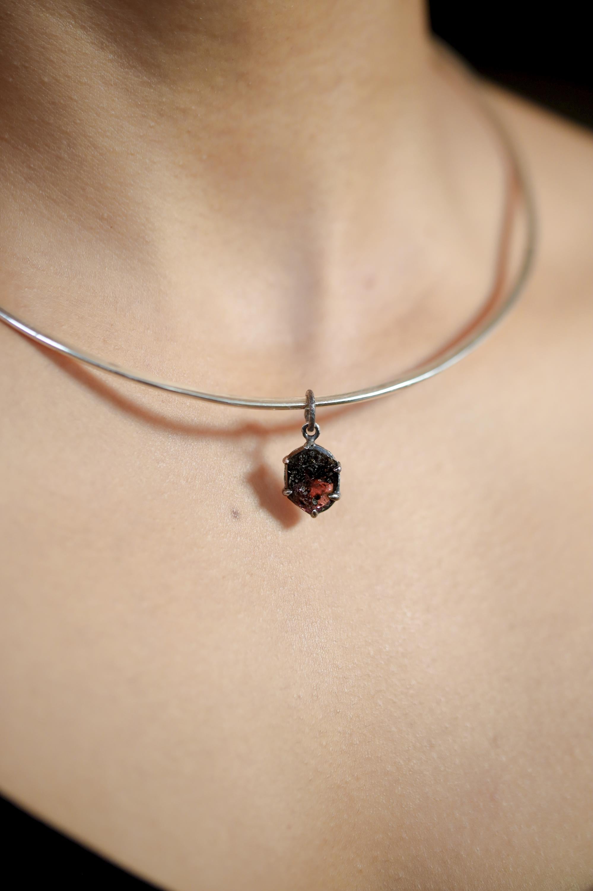 Rubellite Tourmaline Pendant, Hexagonal Slice, Oxidized Sterling Silver
