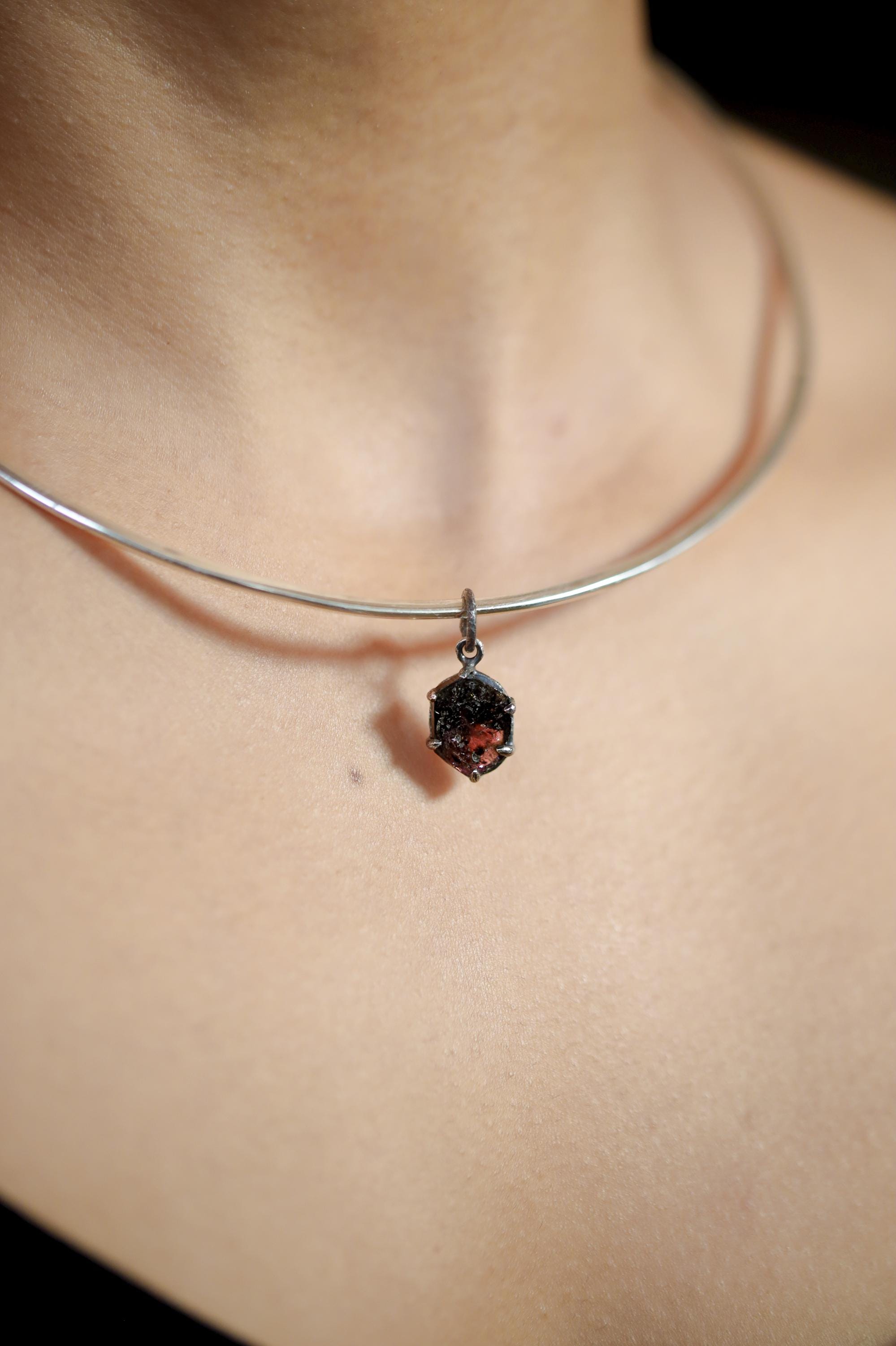 Hexagonal Polished Slice of Natural Pink Tourmaline wand specimen Pendant 925 Sterling Silver Oxidized Claw Setting Unique Gift