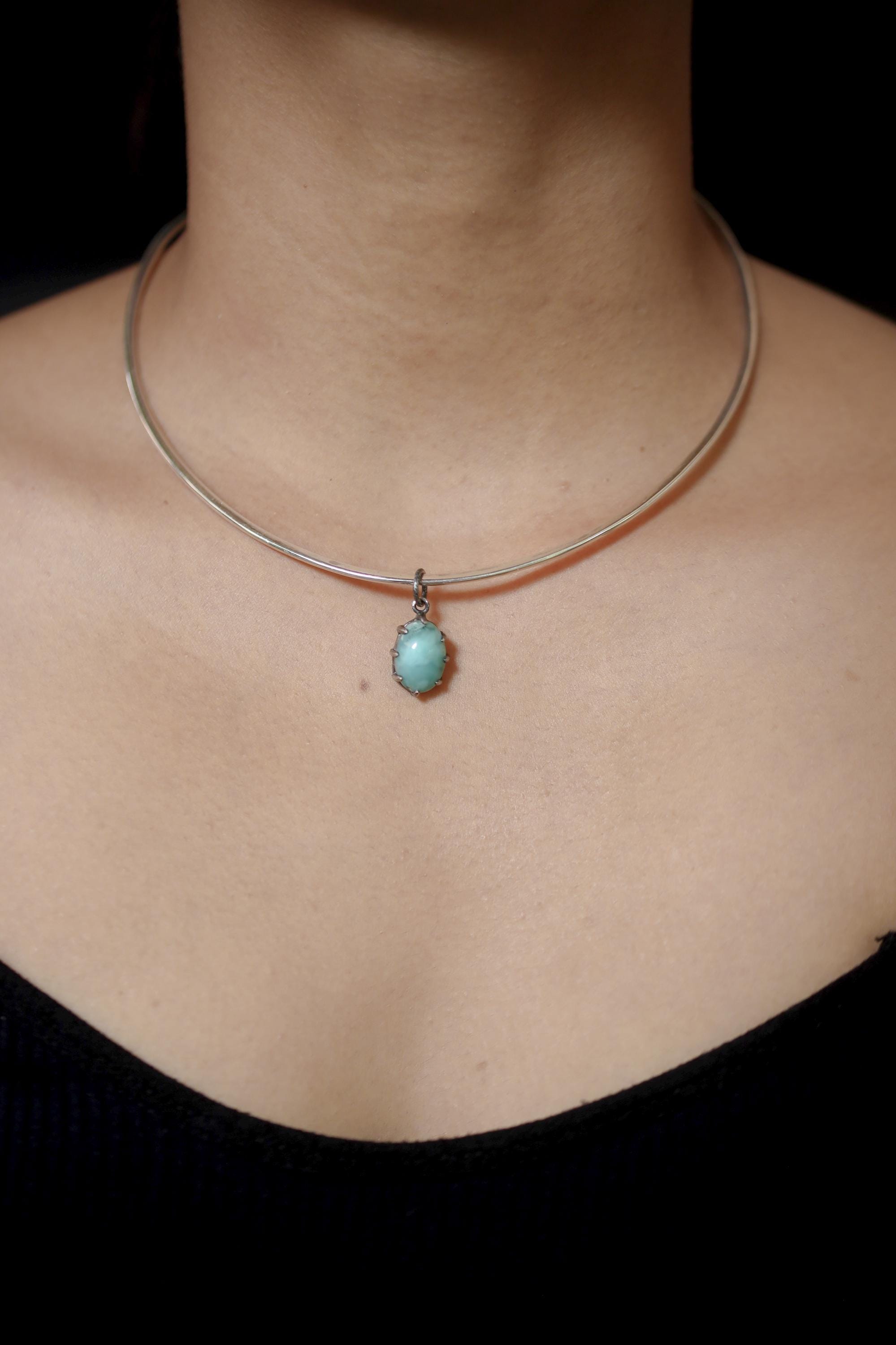 AAA Grade Oval Larimar (Pectolite) Cabochon Pendant, 925 Sterling Silver, Hammer Textured Oxidized Claw Setting, Calming Ocean Energy