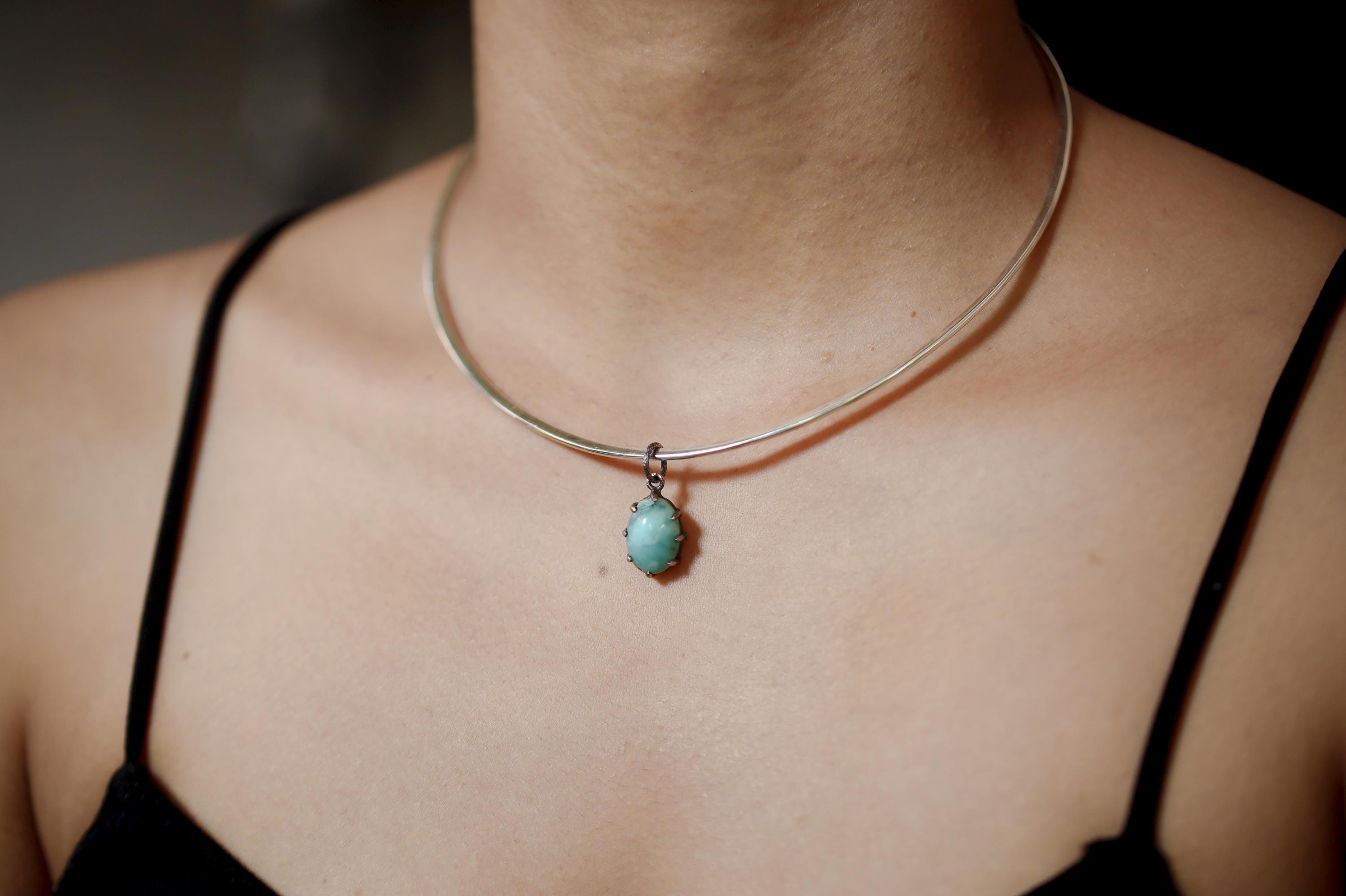 AAA Grade Oval Larimar (Pectolite) Cabochon Pendant, 925 Sterling Silver, Hammer Textured Oxidized Claw Setting, Calming Ocean Energy