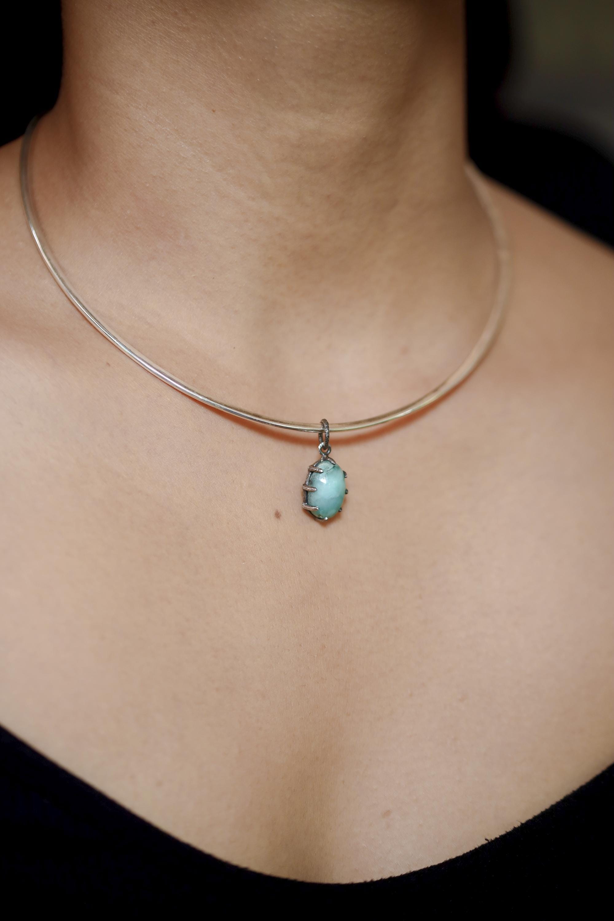 AAA Grade Oval Larimar (Pectolite) Cabochon Pendant, 925 Sterling Silver, Hammer Textured Oxidized Claw Setting, Calming Ocean Energy