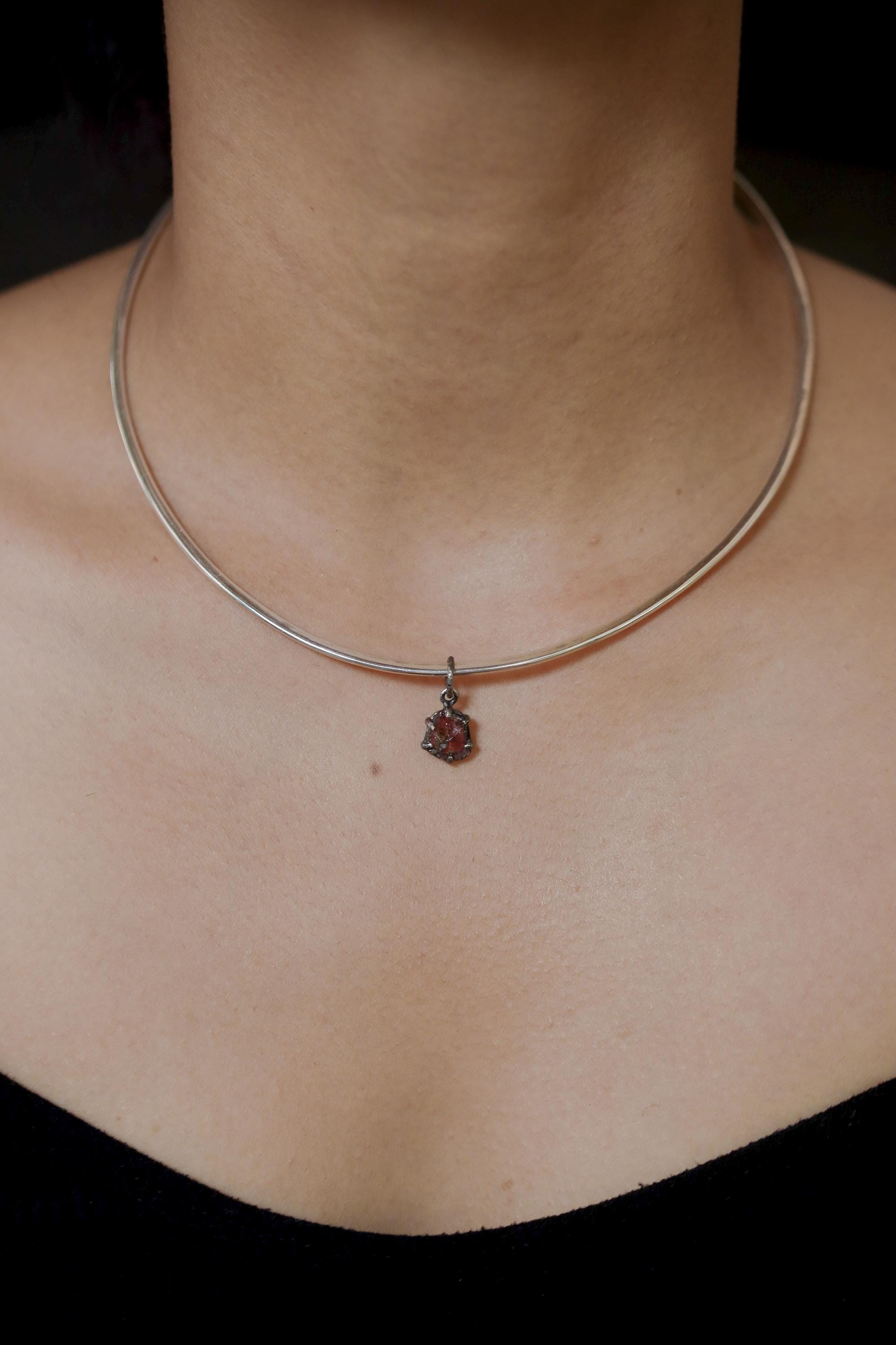 Polished slice of Natural Pink Tourmaline (Rubellite) wand with Darker Rind Pendant, Sterling Silver Claw Setting, Oxidized Hammer Finish