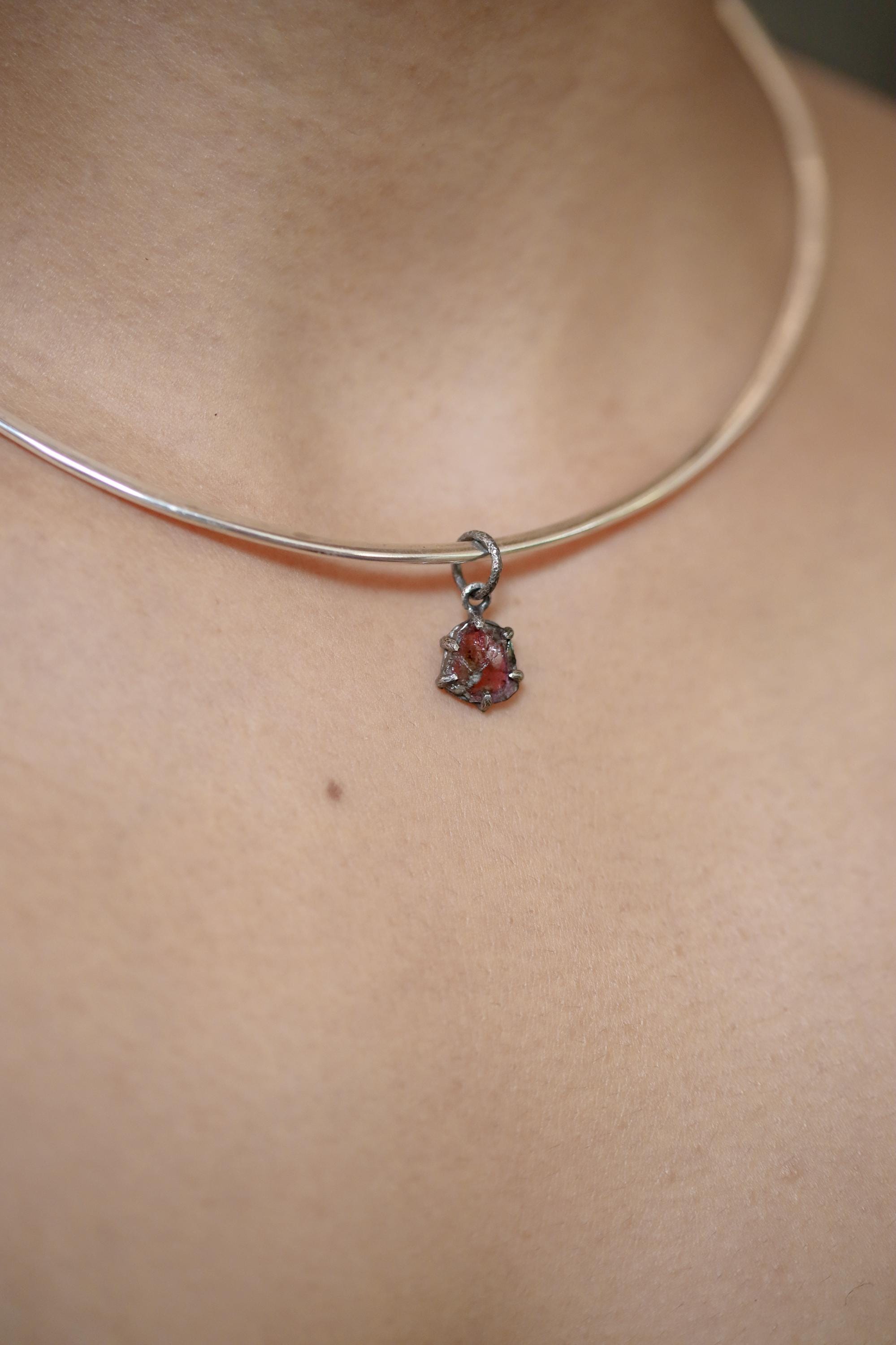 Polished slice of Natural Pink Tourmaline (Rubellite) wand with Darker Rind Pendant, Sterling Silver Claw Setting, Oxidized Hammer Finish