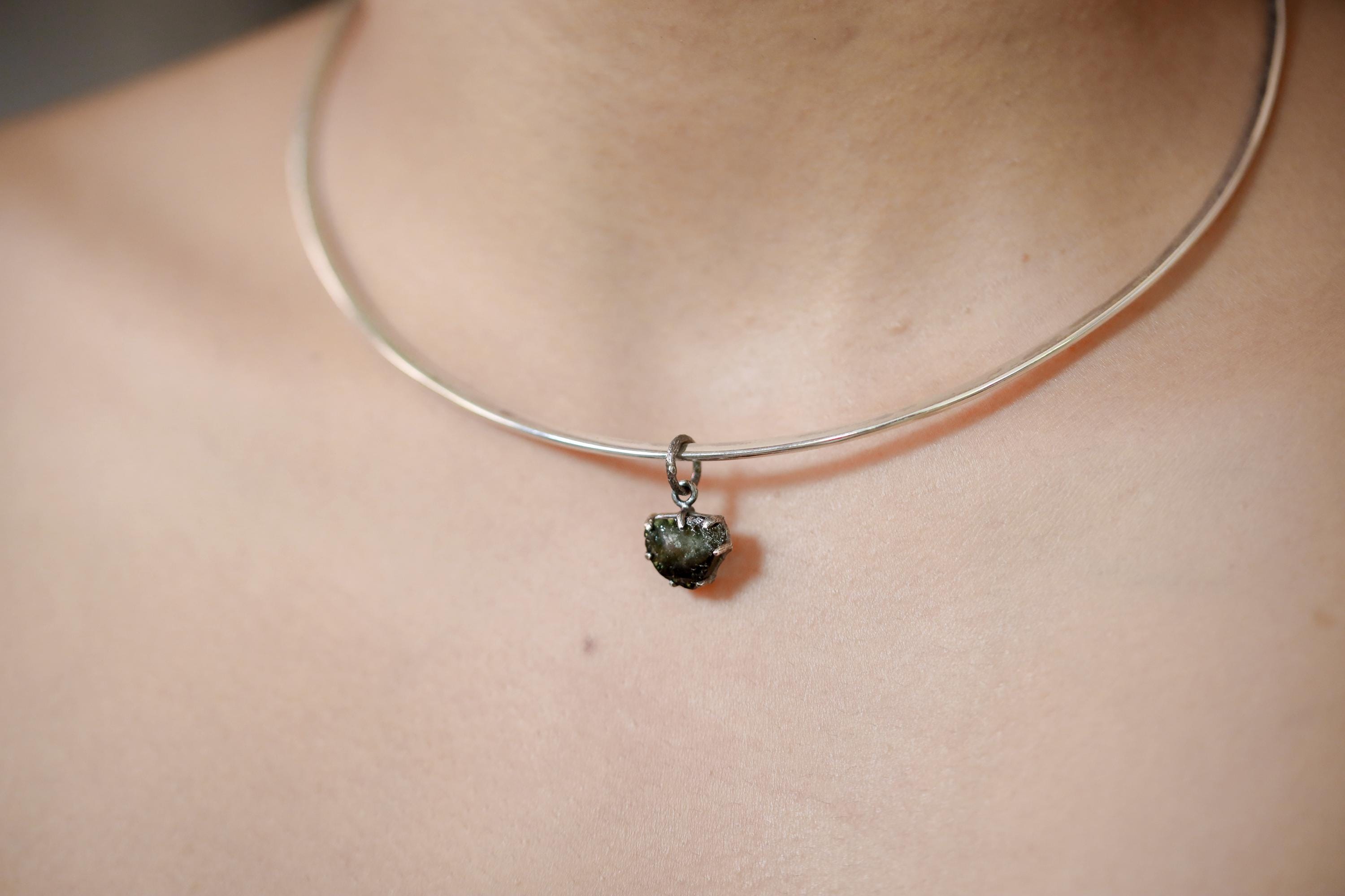 Polished Slice of Natural Green Tourmaline Wand with Darker rind Pendant, 925 Silver Claw Setting, Oxidized Finish, Hammered Textured