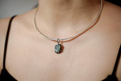 Polished Slice of Natural Green Blue Tourmaline Wand with Darker Rind Pendant, Sterling Silver Claw Setting, Oxidized, Hammered Textured