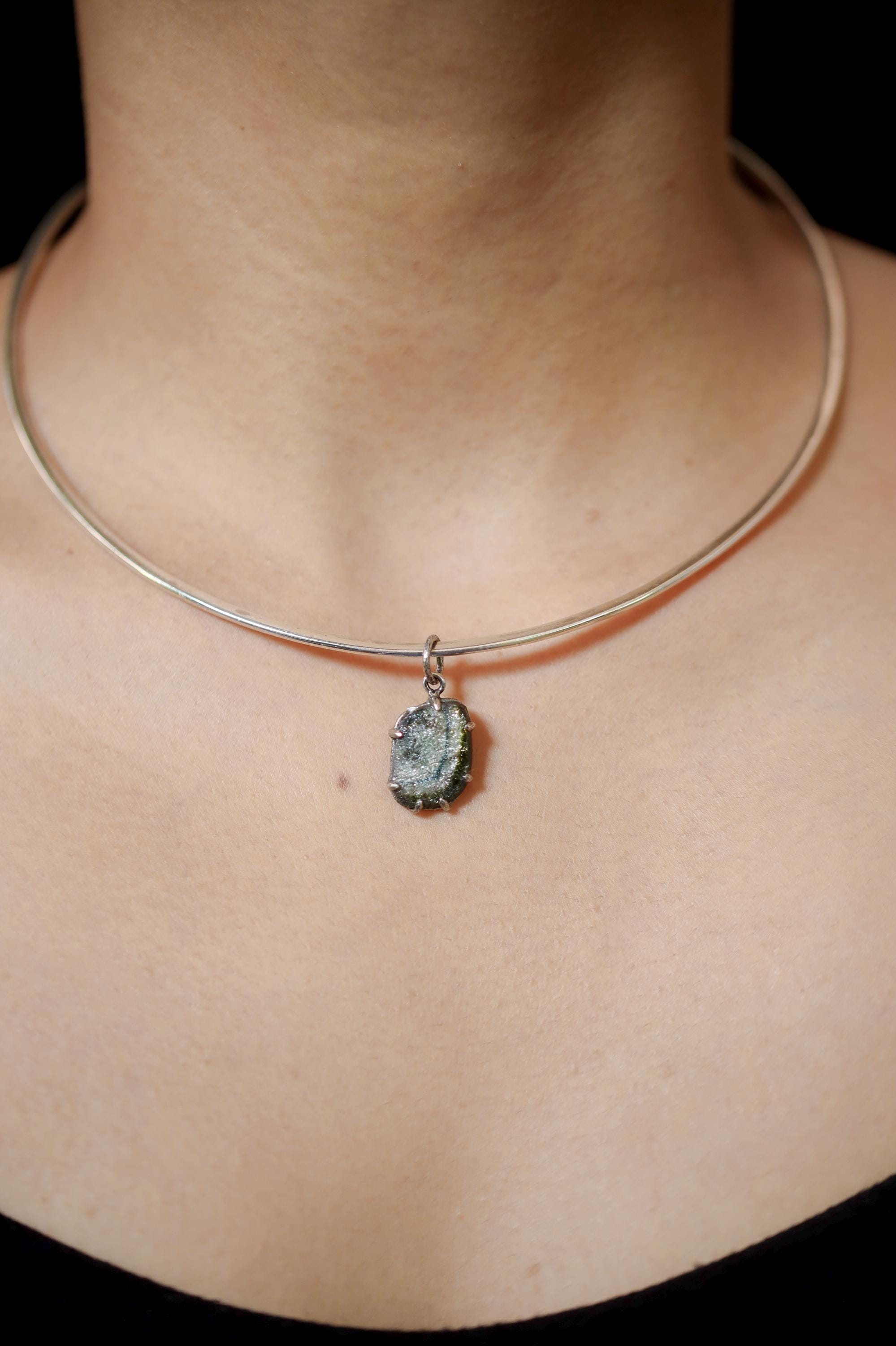 Polished Slice of Natural Green Blue Tourmaline Wand with Darker Rind Pendant, Sterling Silver Claw Setting, Oxidized, Hammered Textured