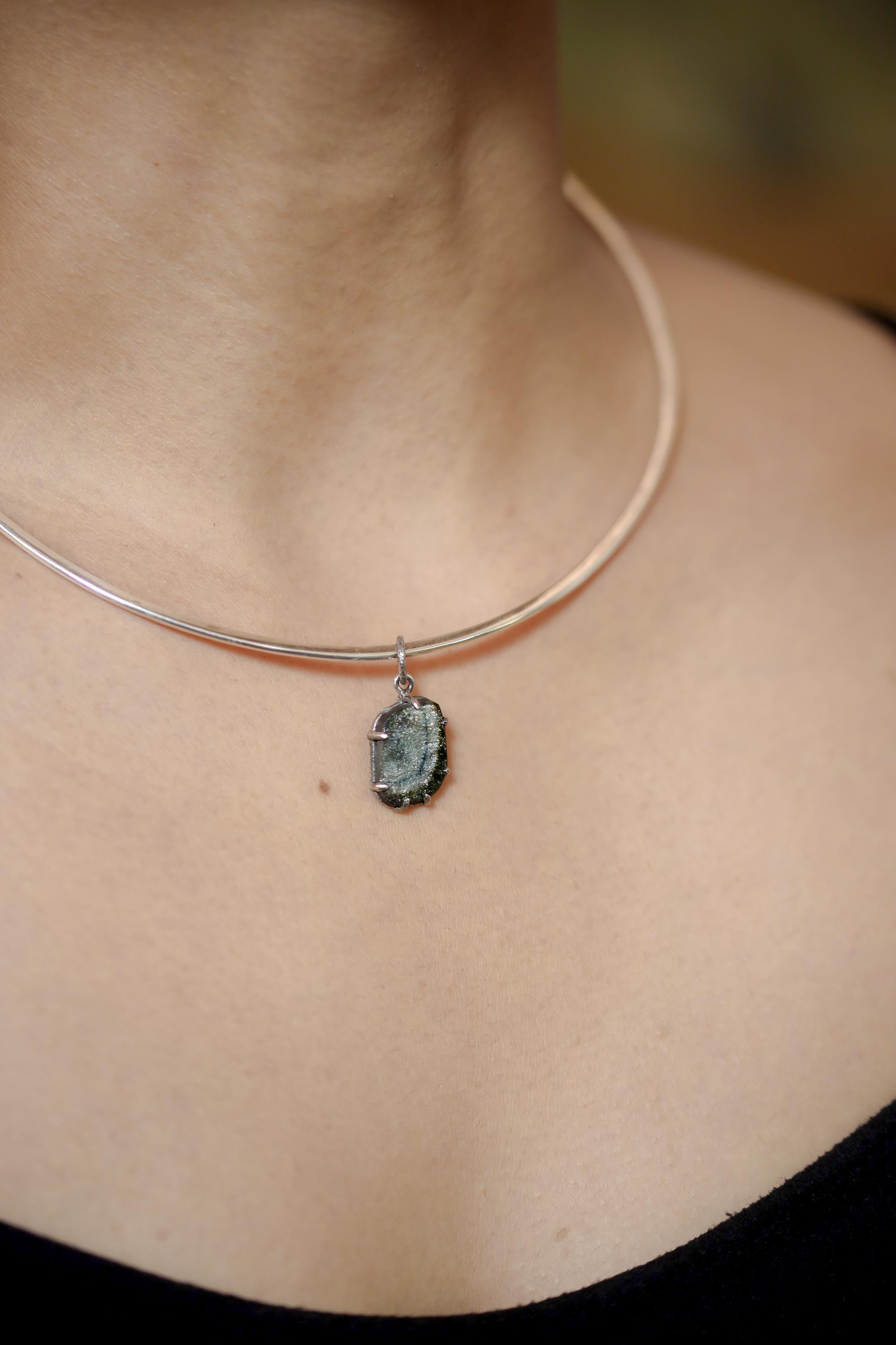 Polished Slice of Natural Green Blue Tourmaline Wand with Darker Rind Pendant, Sterling Silver Claw Setting, Oxidized, Hammered Textured