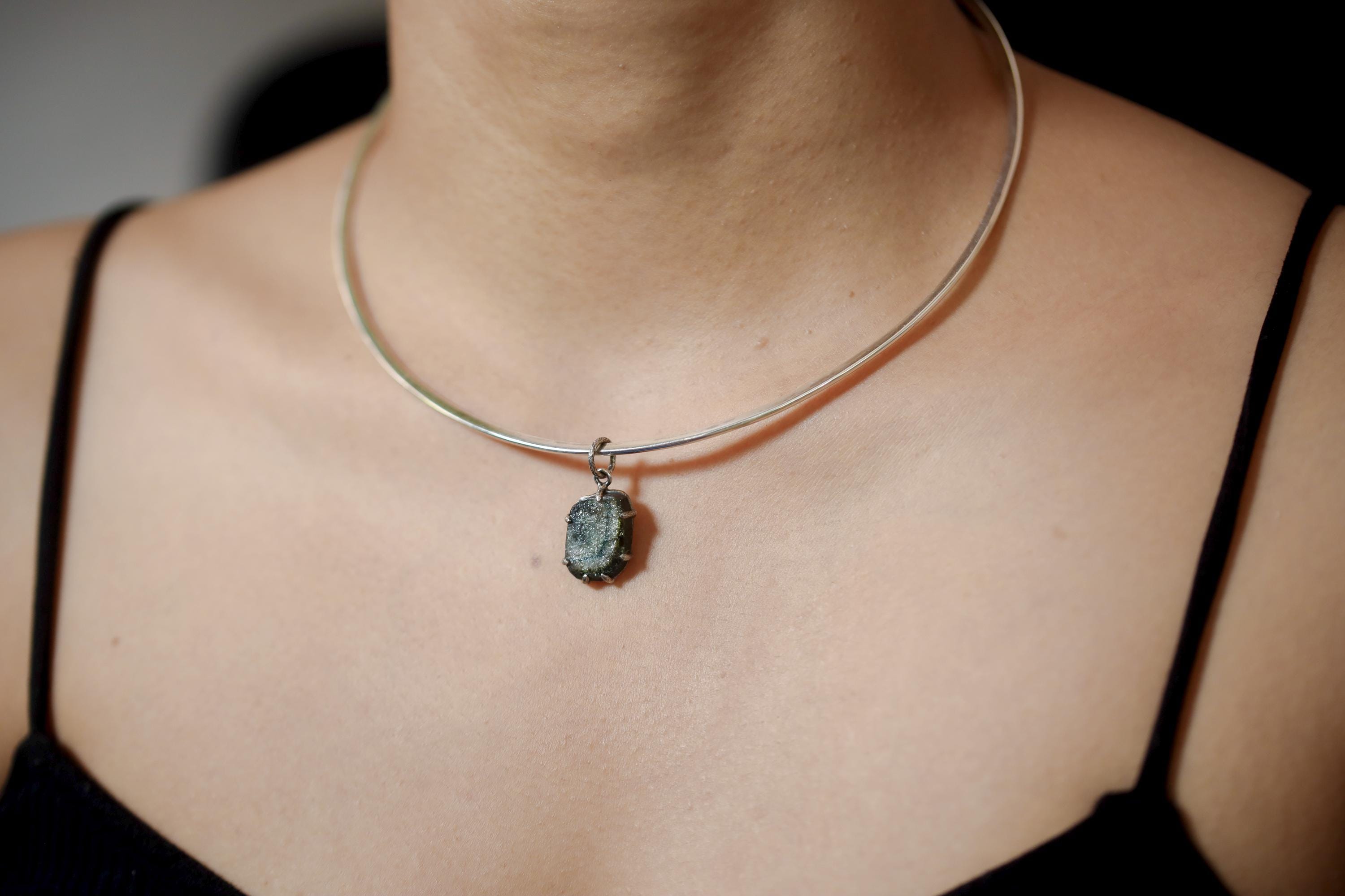 Polished Slice of Natural Green Blue Tourmaline Wand with Darker Rind Pendant, Sterling Silver Claw Setting, Oxidized, Hammered Textured