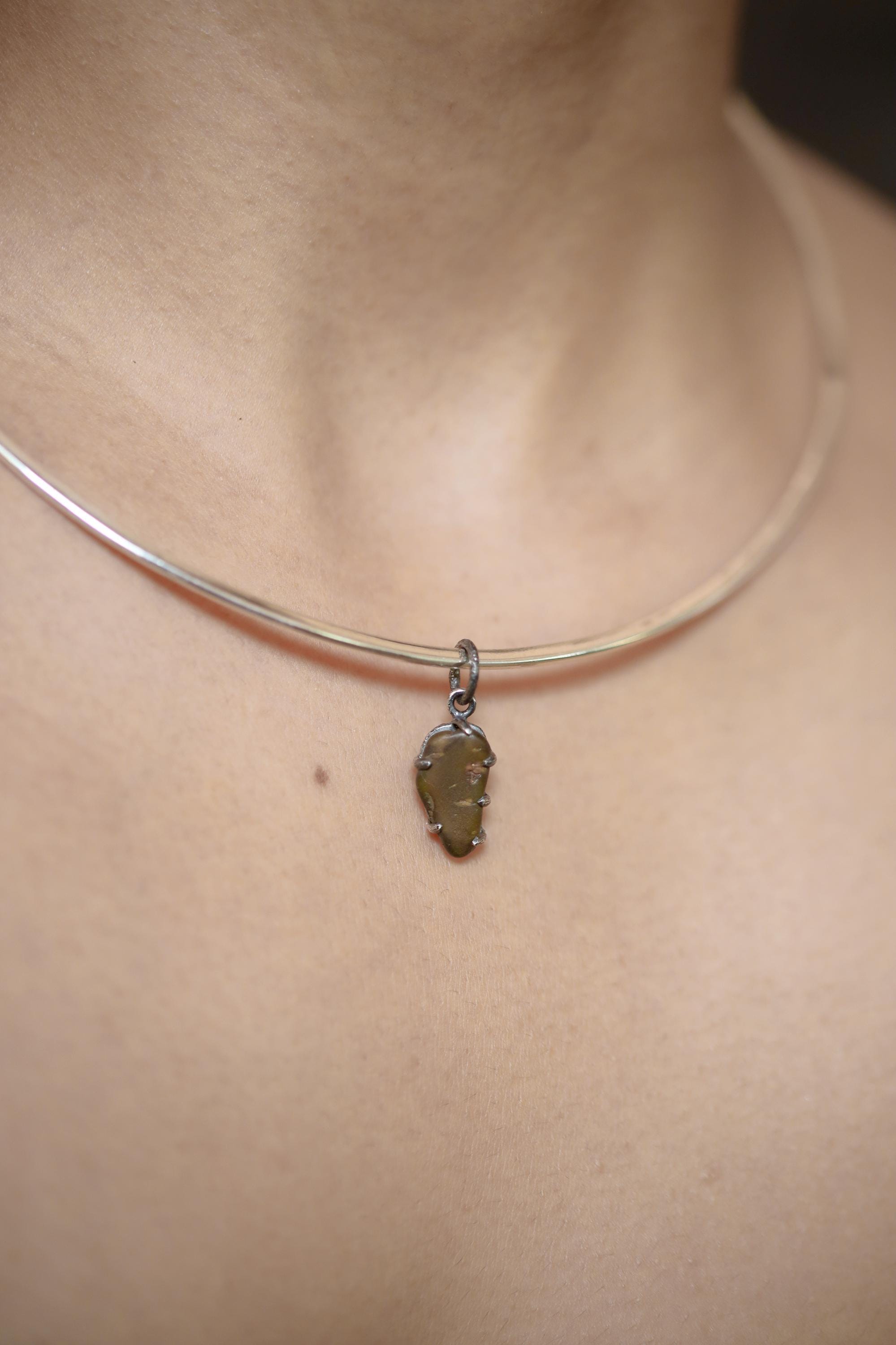 Australian River Tumbled Natural Gem Peridot Pendant, Sterling Silver,Claw Setting, Hammer Textured Oxidized Finish, Heart Chakra Jewelry