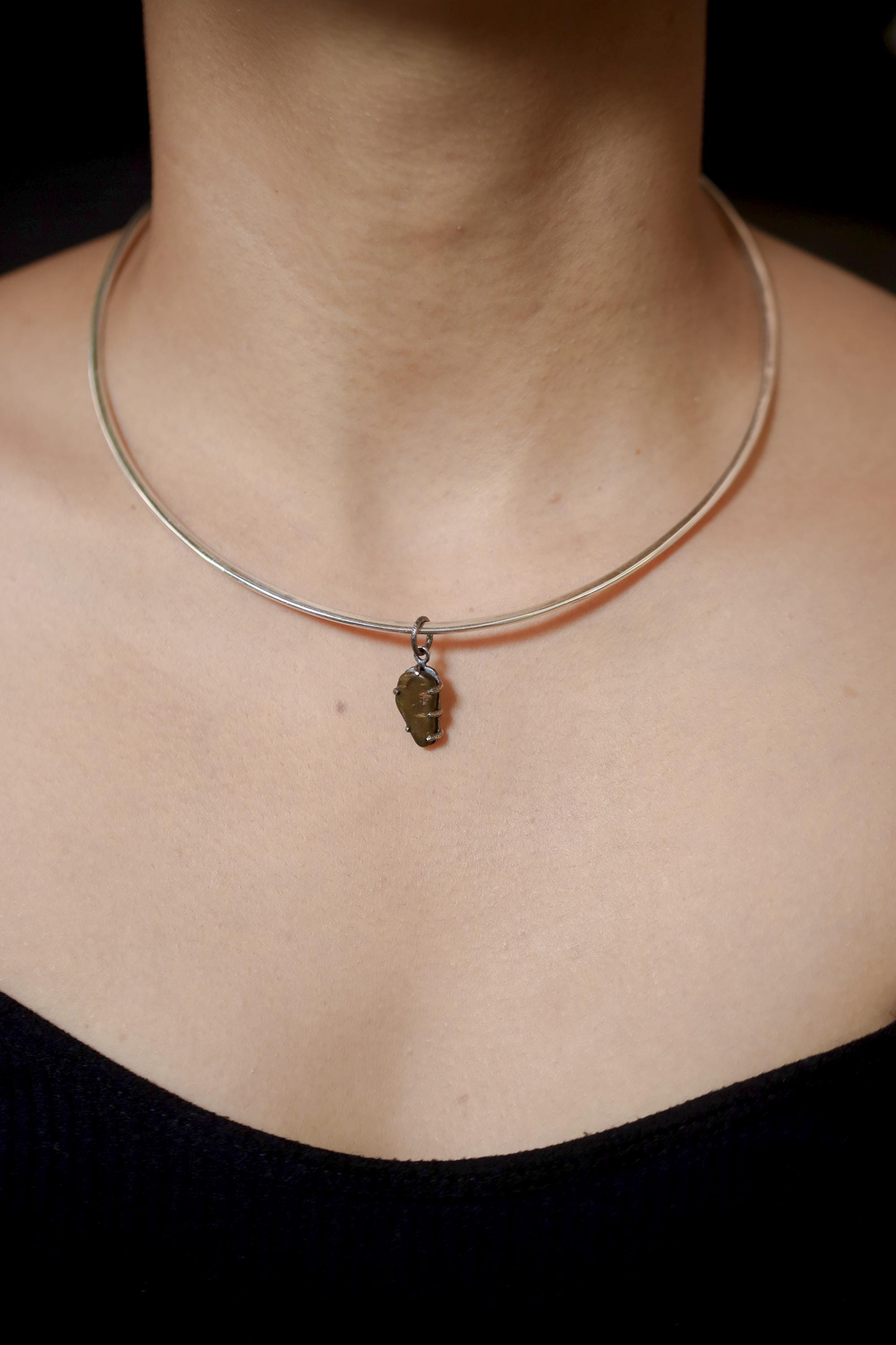 Australian River Tumbled Natural Gem Peridot Pendant, Sterling Silver,Claw Setting, Hammer Textured Oxidized Finish, Heart Chakra Jewelry