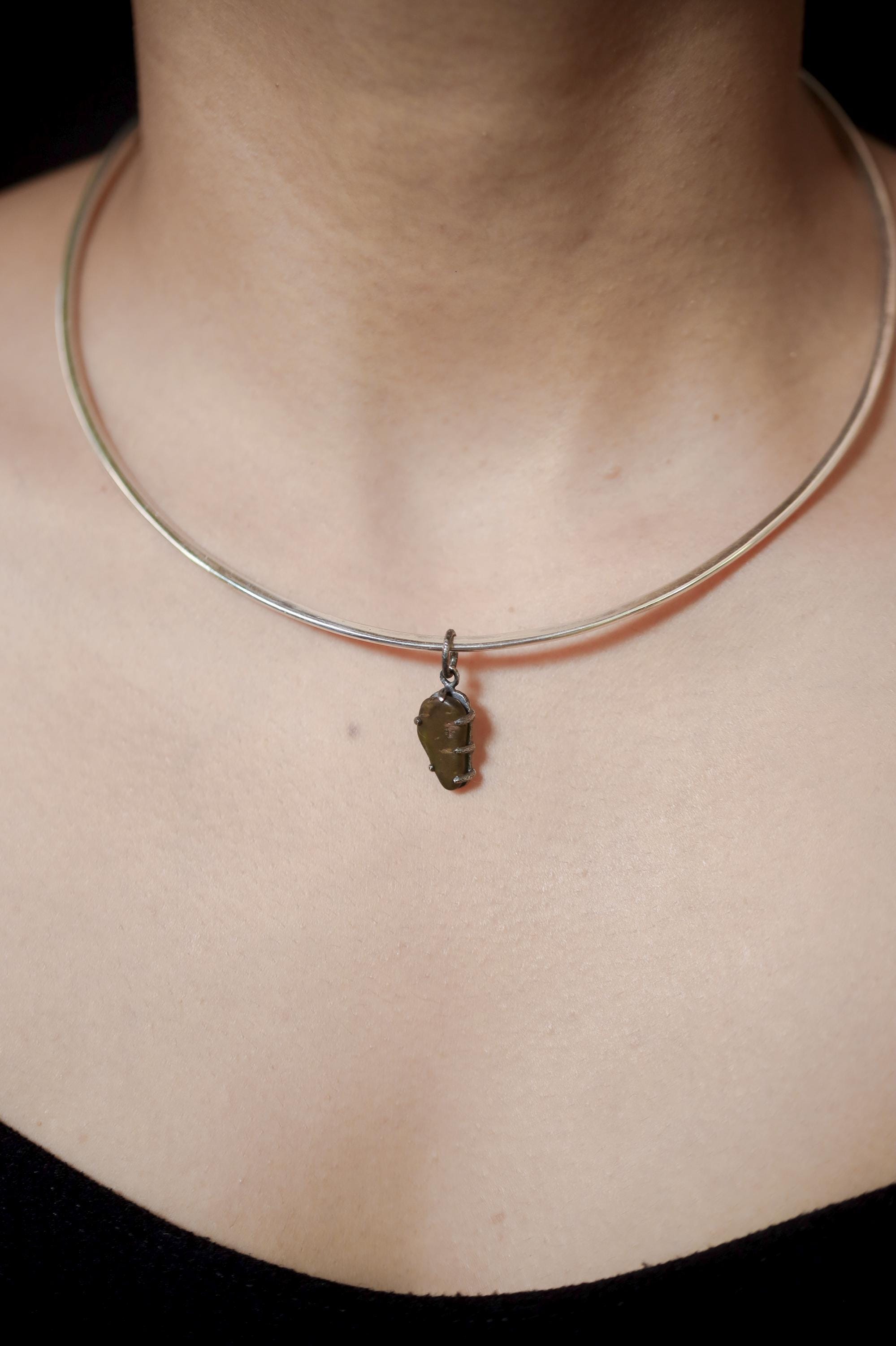 Australian River Tumbled Natural Gem Peridot Pendant, Sterling Silver,Claw Setting, Hammer Textured Oxidized Finish, Heart Chakra Jewelry