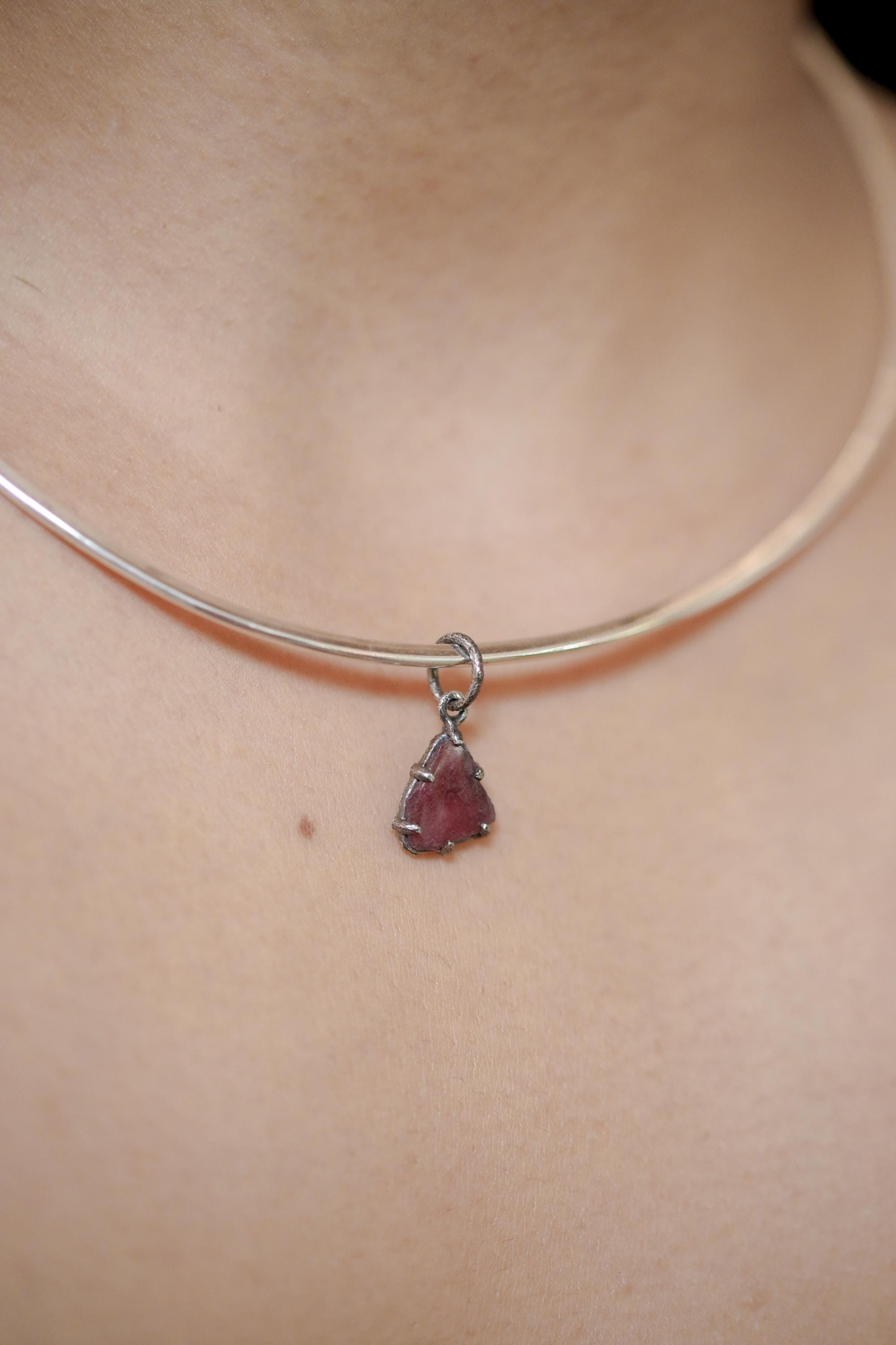 Polished Slice of High-Grade Natural Pink Tourmaline Wand with Darker Rind Pendant Sterling Silver Claw Setting Oxidized Finish