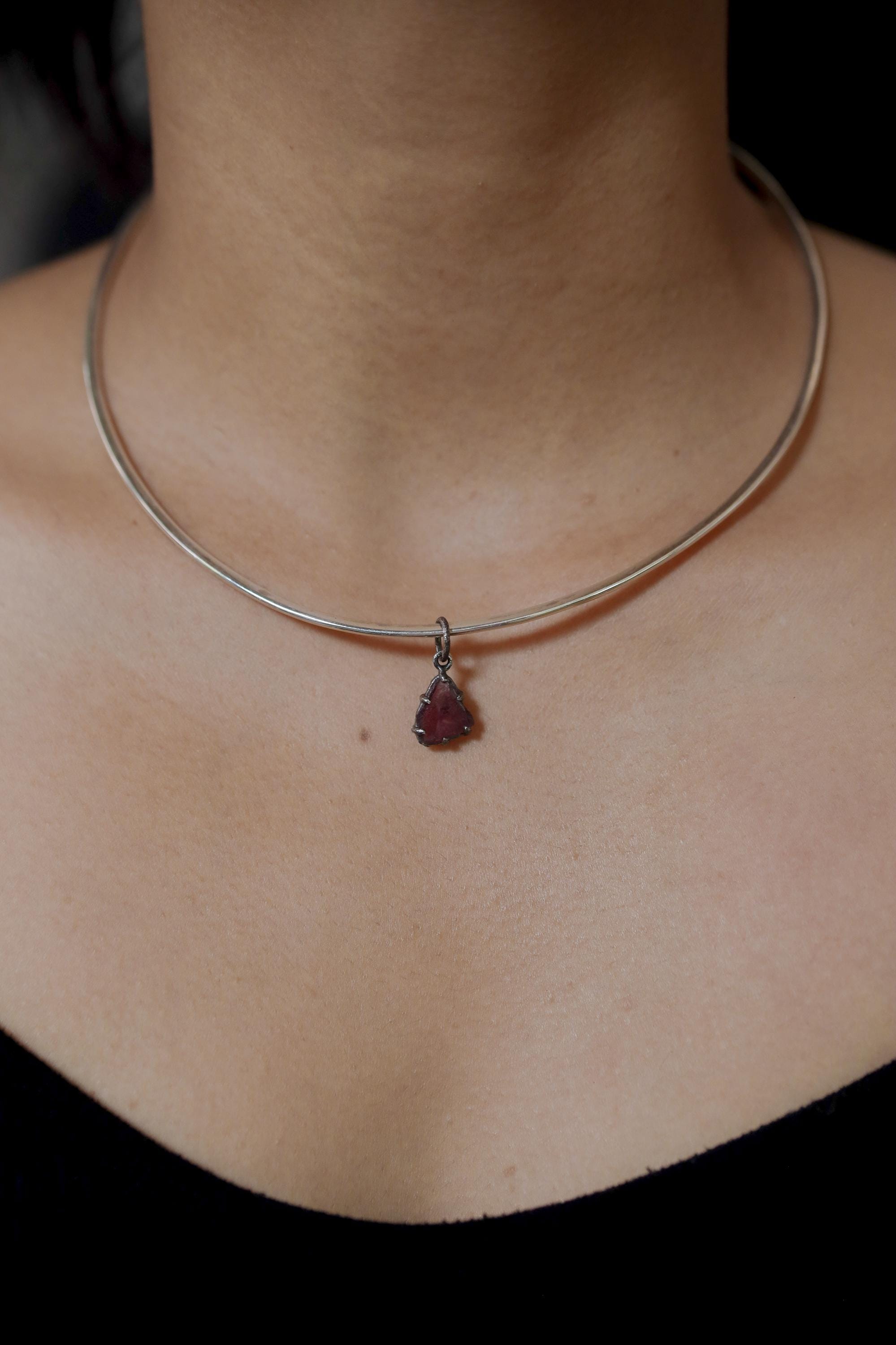 Polished Slice of High-Grade Natural Pink Tourmaline Wand with Darker Rind Pendant Sterling Silver Claw Setting Oxidized Finish