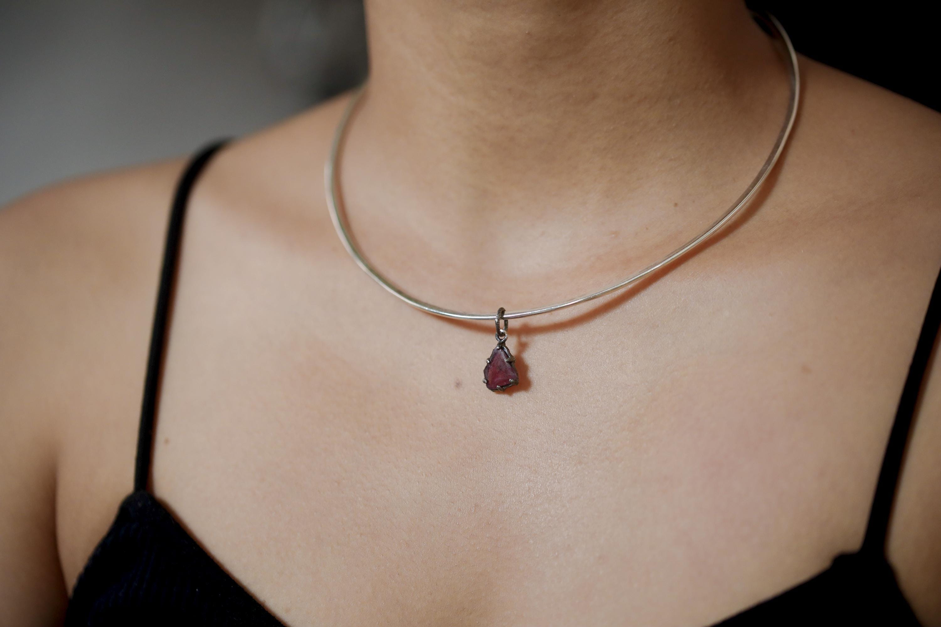 Polished Slice of High-Grade Natural Pink Tourmaline Wand with Darker Rind Pendant Sterling Silver Claw Setting Oxidized Finish