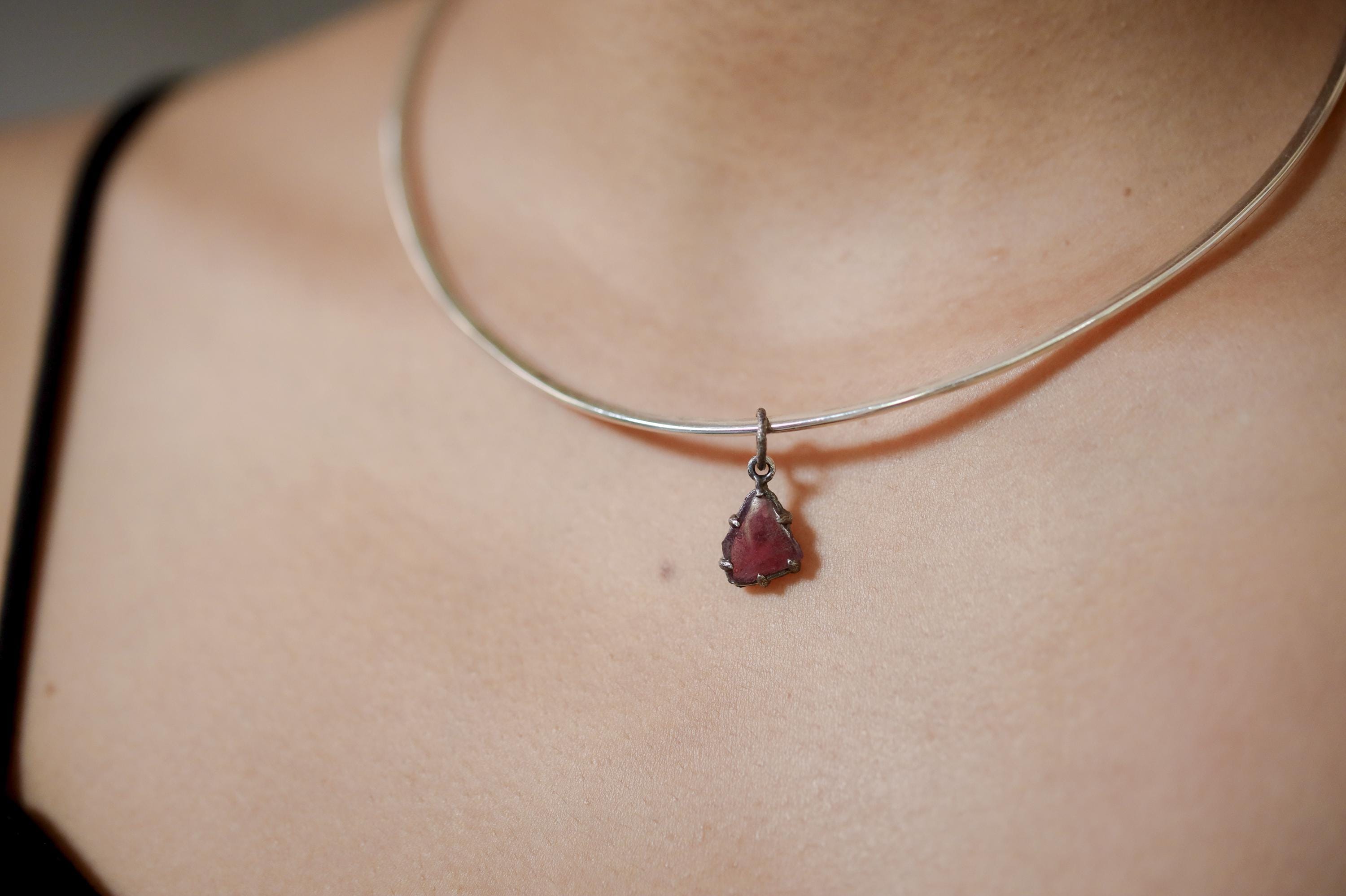 Polished Slice of High-Grade Natural Pink Tourmaline Wand with Darker Rind Pendant Sterling Silver Claw Setting Oxidized Finish