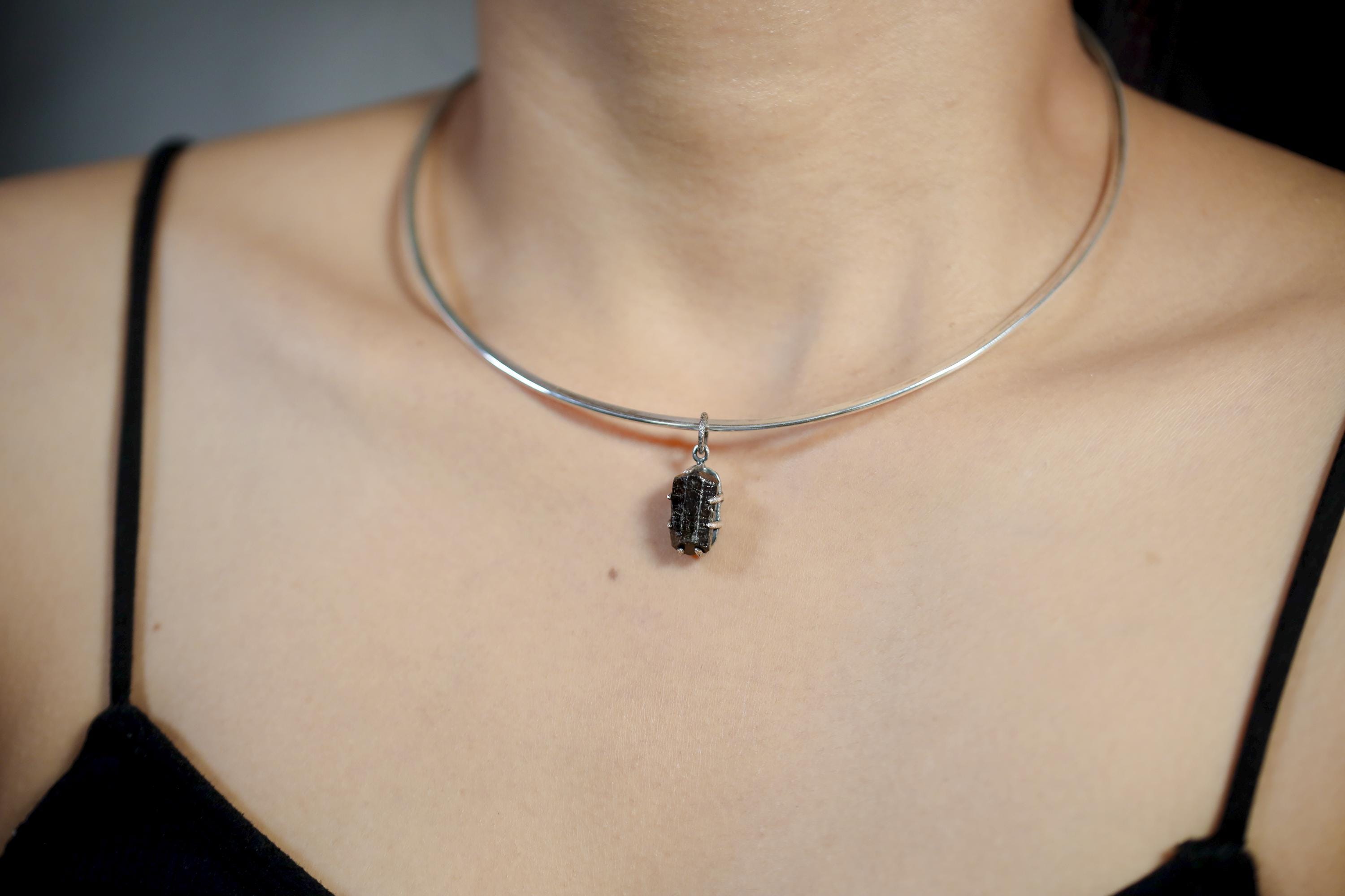 Raw Black Tourmaline Pendant, Oxidized Sterling Silver Claw Setting