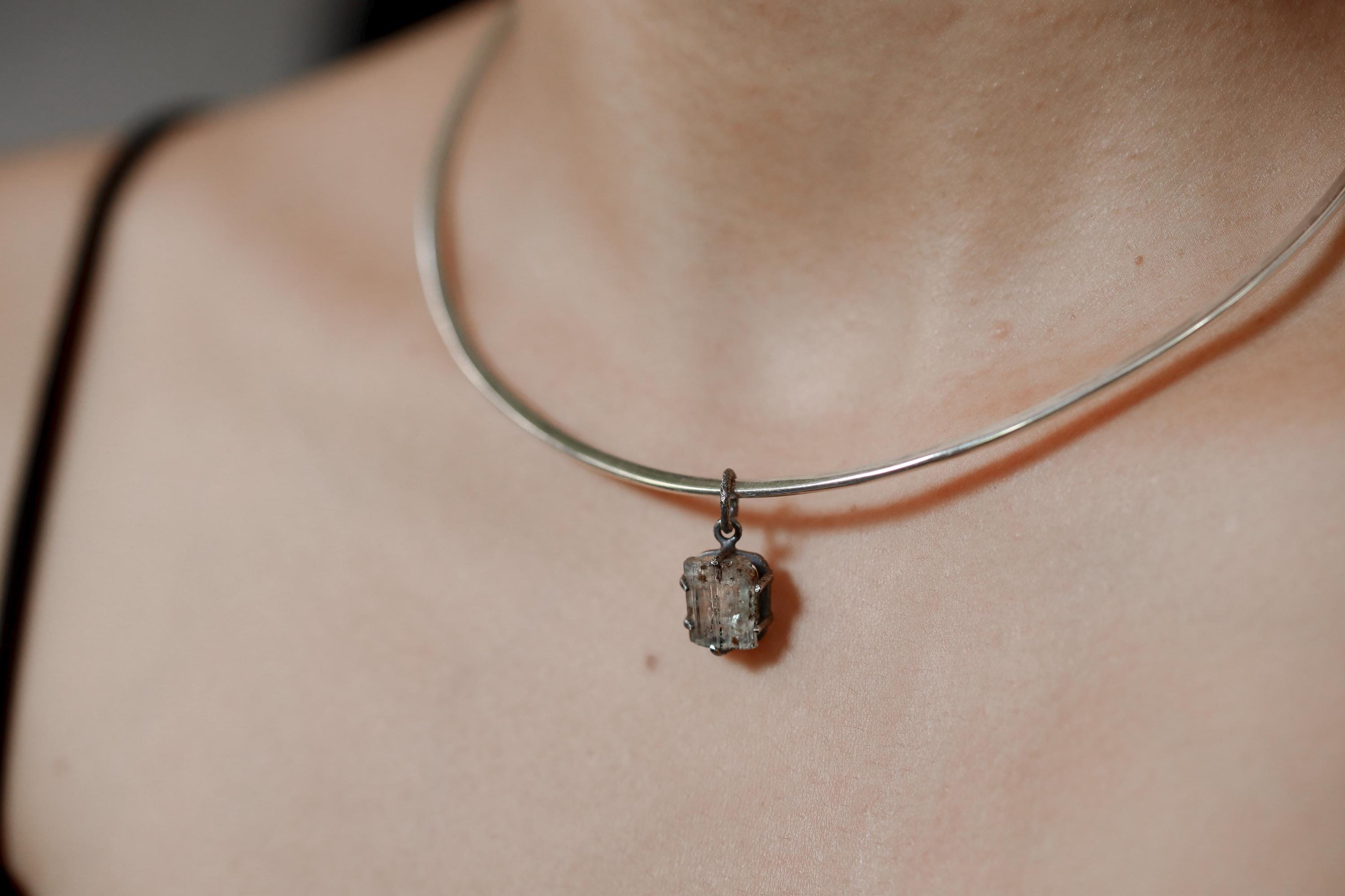 Raw Aquamarine Wand Pendant, Sterling Silver, Oxidized Texture