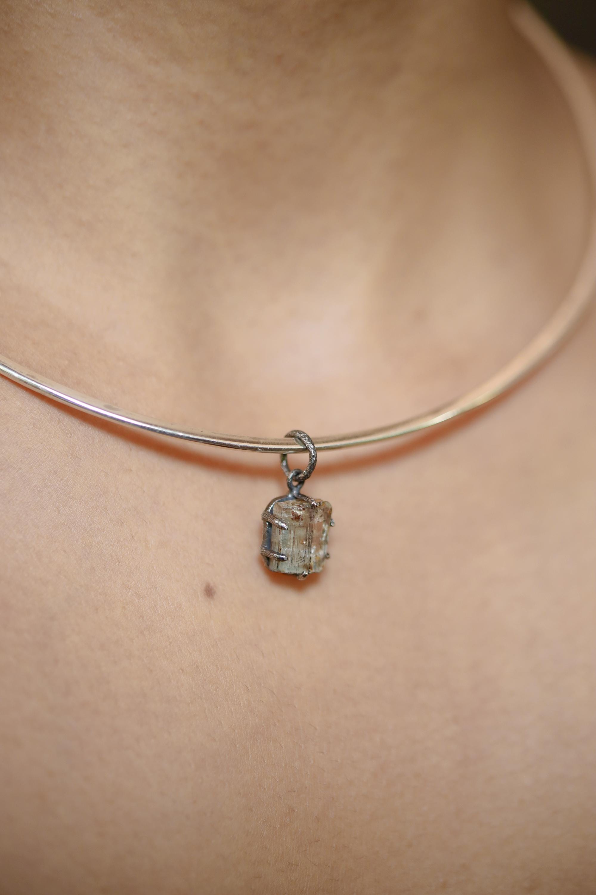 Raw Aquamarine Wand Pendant, Sterling Silver, Oxidized Texture