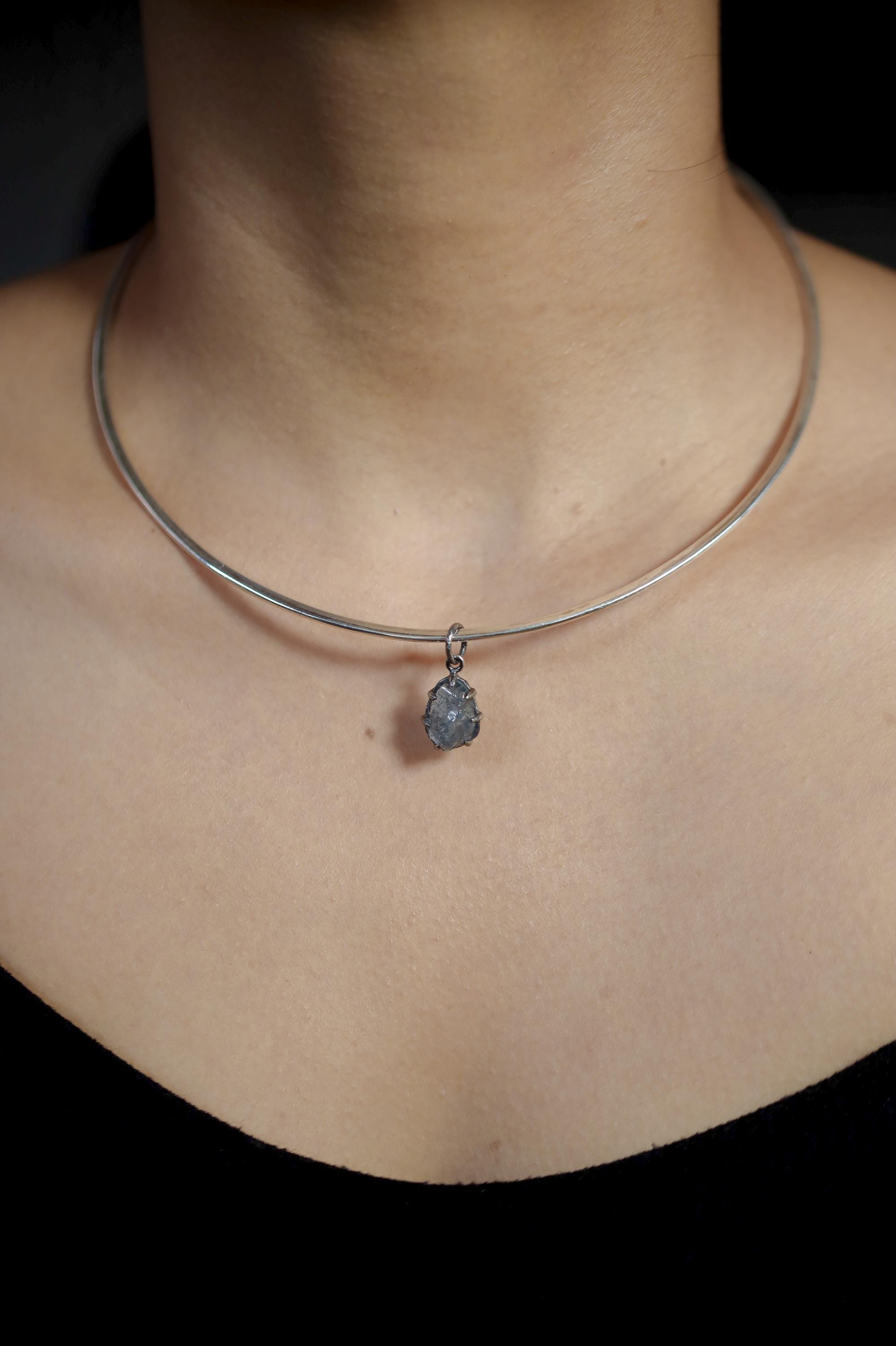 Dark Blue Aquamarine Pendant, Natural Gem Facet Grade Chunk, Sterling Silver Claw Setting, Hammered Oxidized Finish, Throat Chakra Jewelry