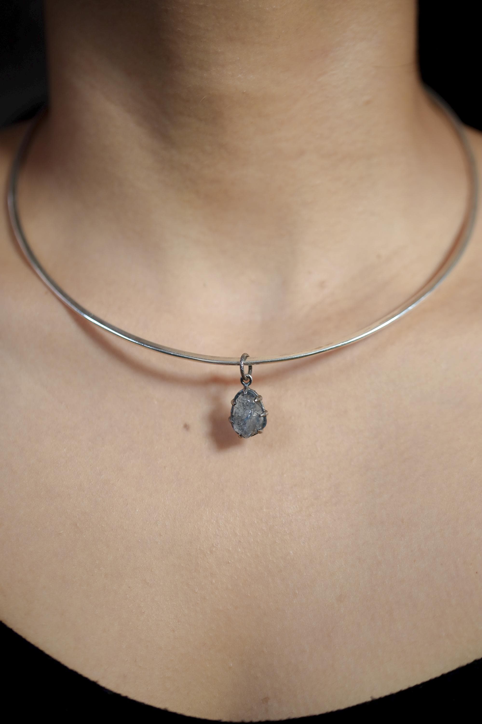 Dark Blue Aquamarine Pendant, Natural Gem Facet Grade Chunk, Sterling Silver Claw Setting, Hammered Oxidized Finish, Throat Chakra Jewelry