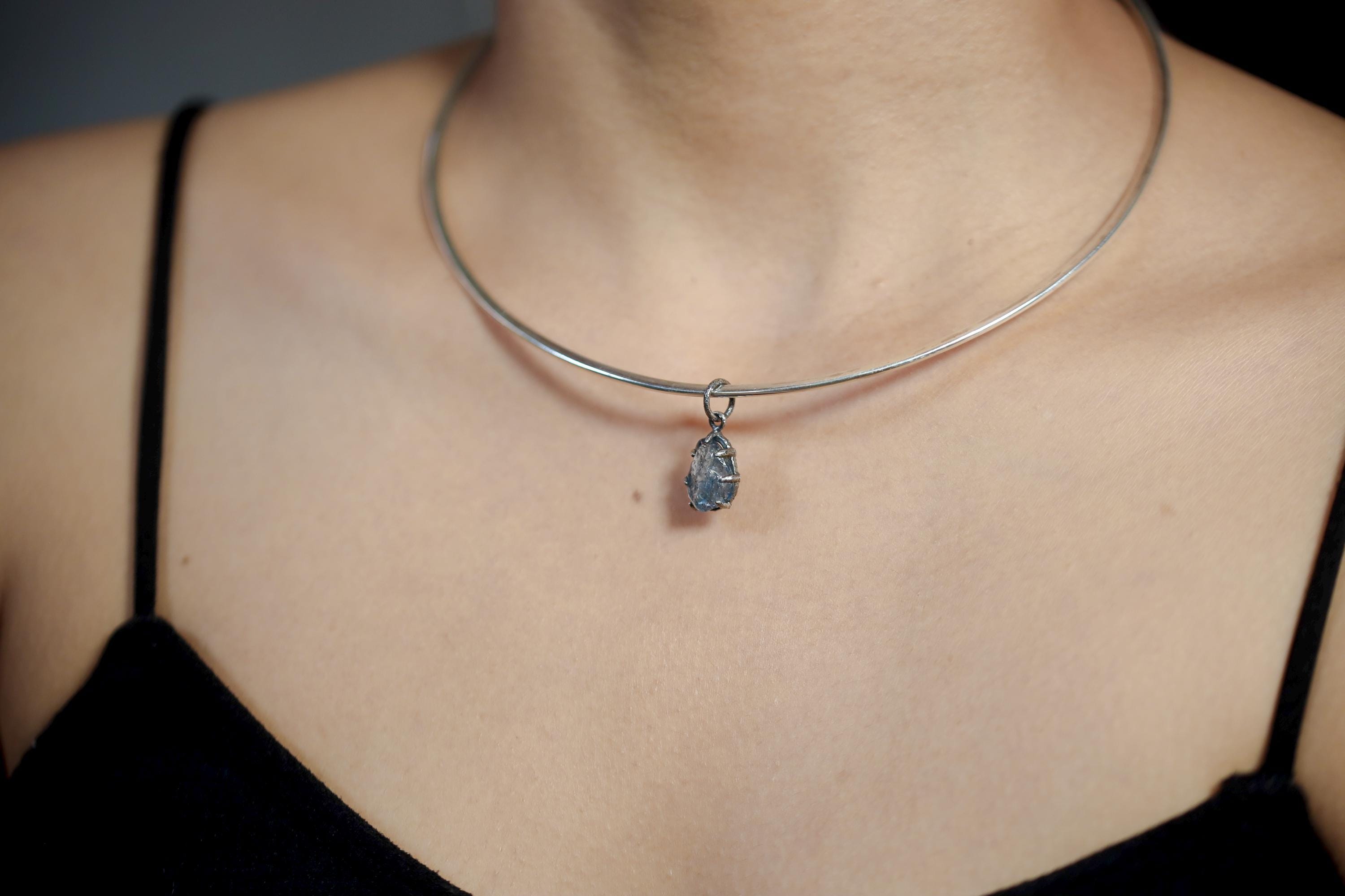 Aquamarine Pendant, Sterling Silver Claw Setting, Oxidized Finish