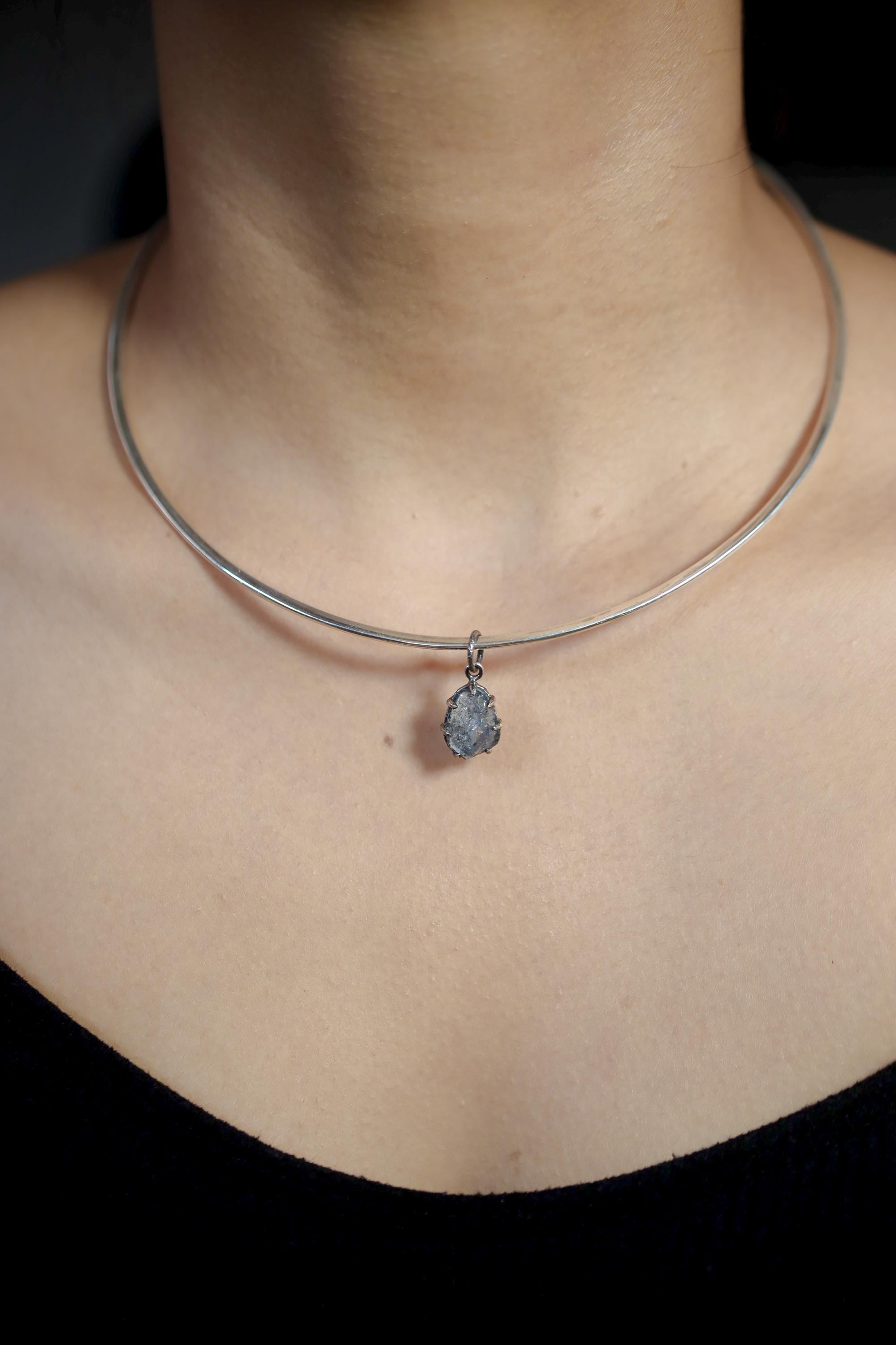 Dark Blue Aquamarine Pendant, Natural Gem Facet Grade Chunk, Sterling Silver Claw Setting, Hammered Oxidized Finish, Throat Chakra Jewelry