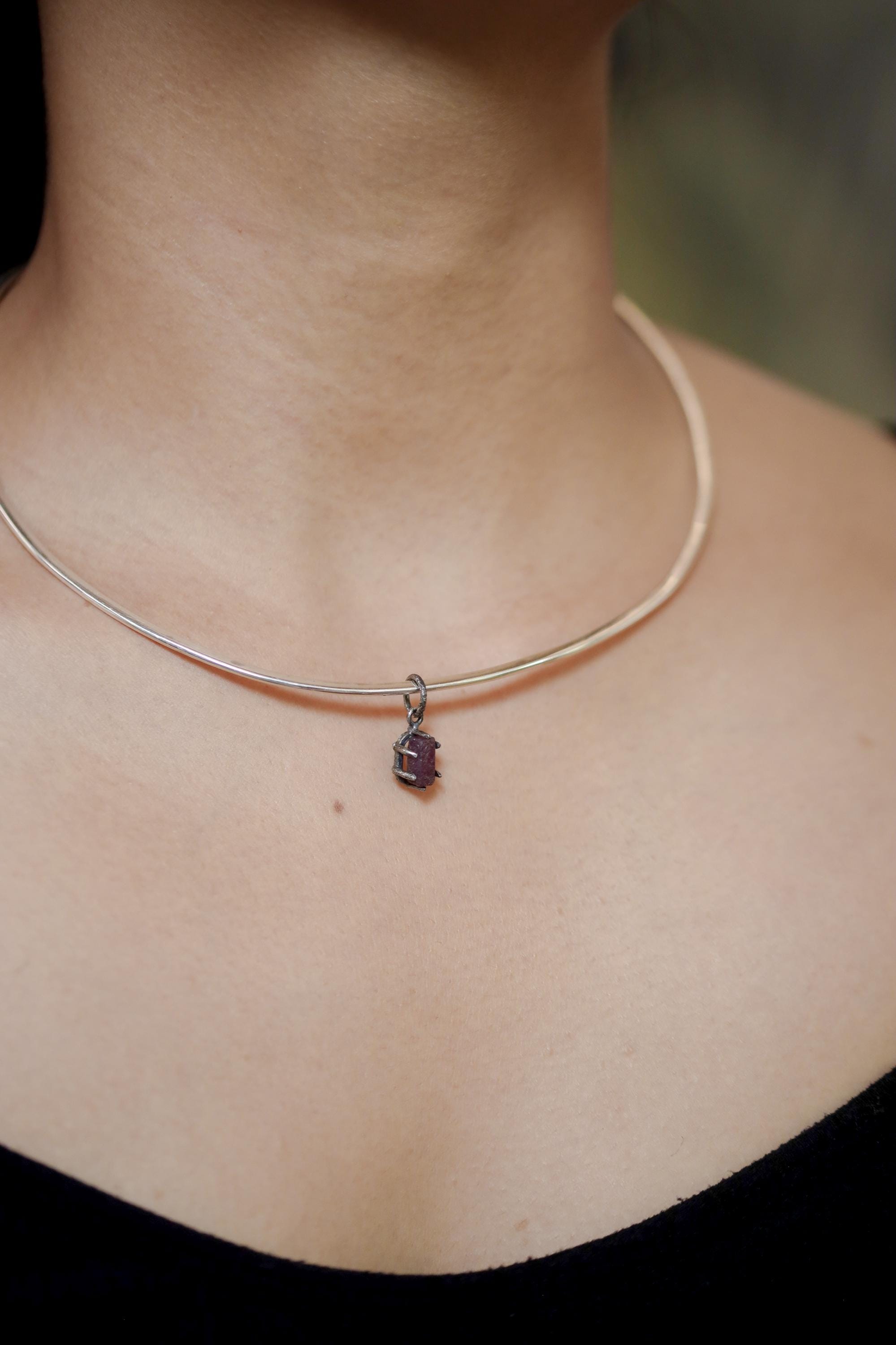 High Grade 6 Sided Natural Gem Ruby (corundum) Wand Pendant, Sterling Silver Hammered Textured & Oxidized July Birthstone Handmade Jewelry