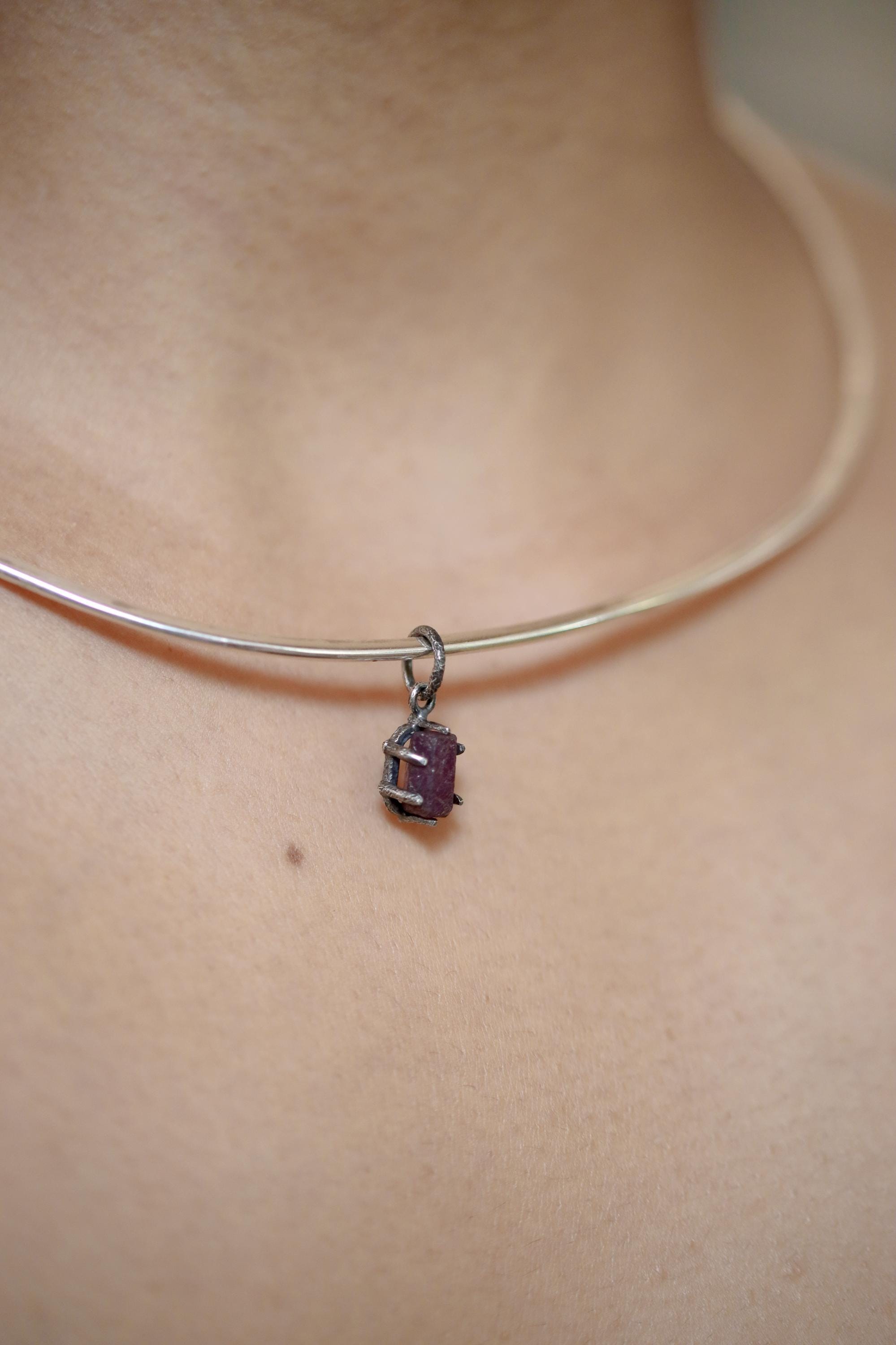 High Grade 6 Sided Natural Gem Ruby (corundum) Wand Pendant, Sterling Silver Hammered Textured & Oxidized July Birthstone Handmade Jewelry