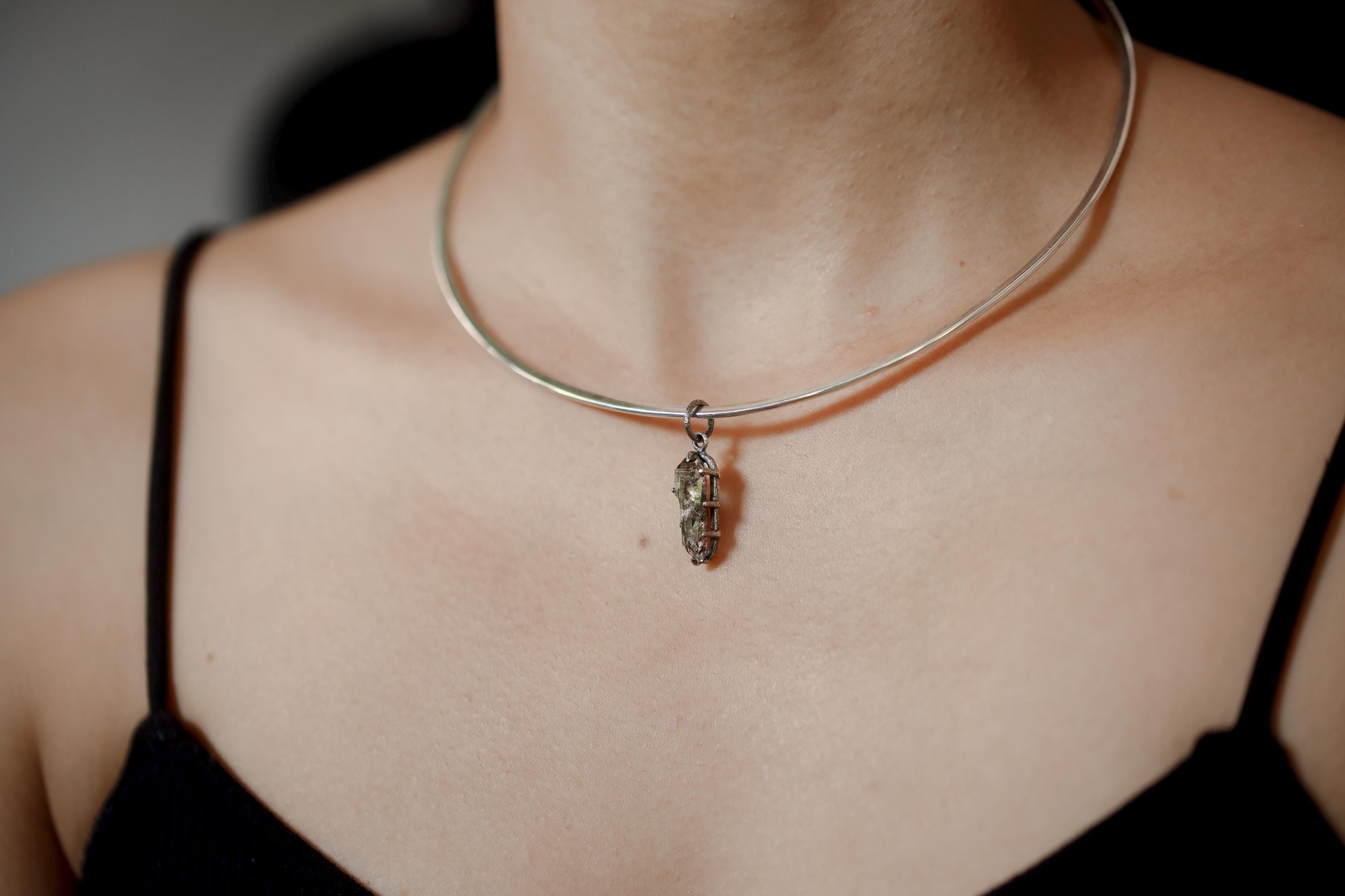 Tibetan Double Terminated Anhydro Carbon Inclusion Quartz Specimen Pendant, Raw Crystal, Sterling Silver Claw Setting, Oxidized Finish