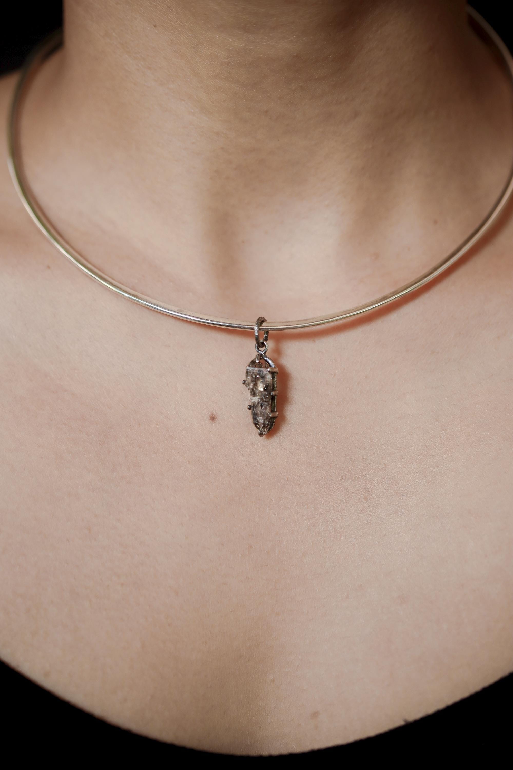 Tibetan Double Terminated Anhydro Carbon Inclusion Quartz Specimen Pendant, Raw Crystal, Sterling Silver Claw Setting, Oxidized Finish