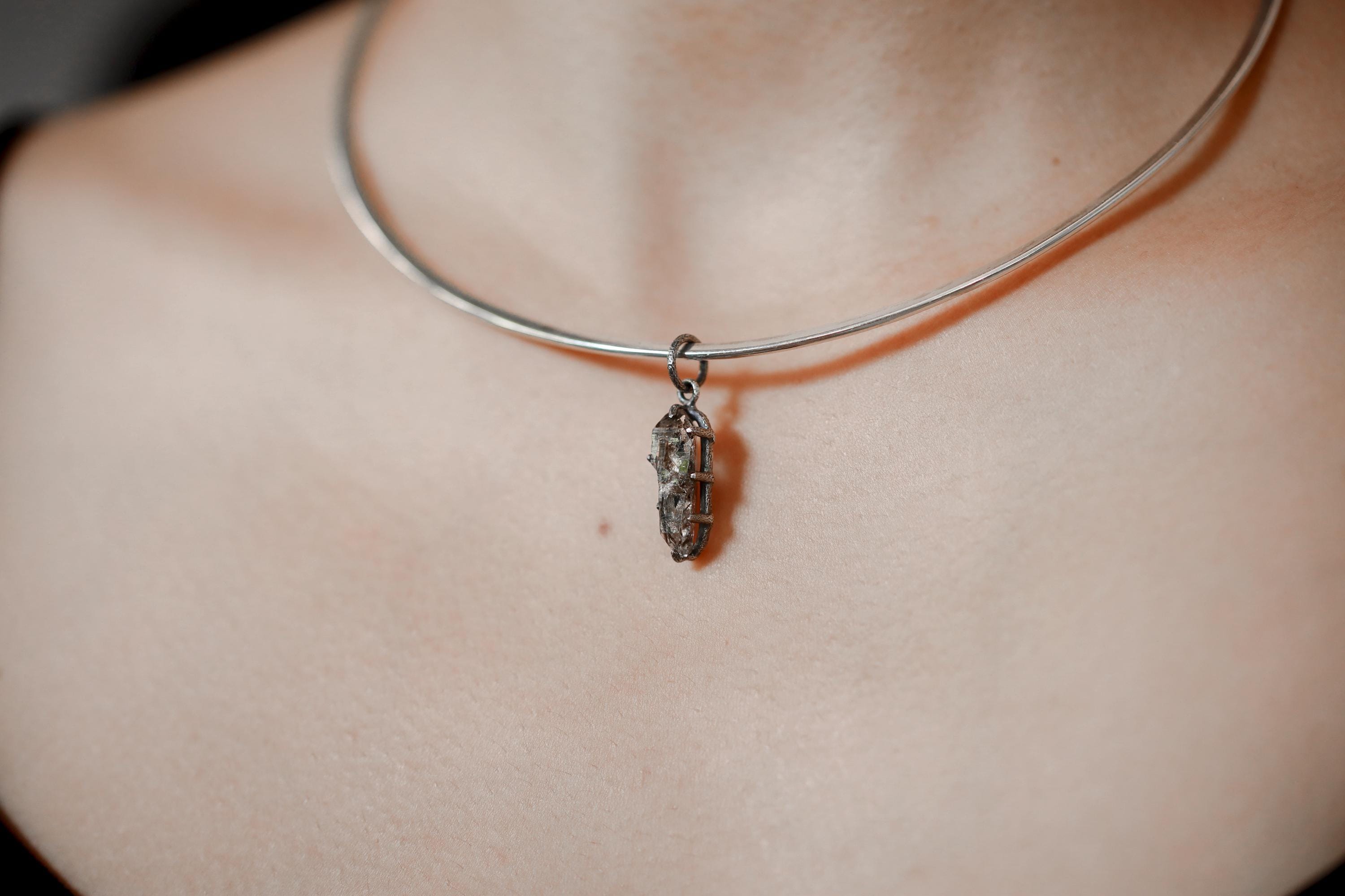 Tibetan Double Terminated Anhydro Carbon Inclusion Quartz Specimen Pendant, Raw Crystal, Sterling Silver Claw Setting, Oxidized Finish