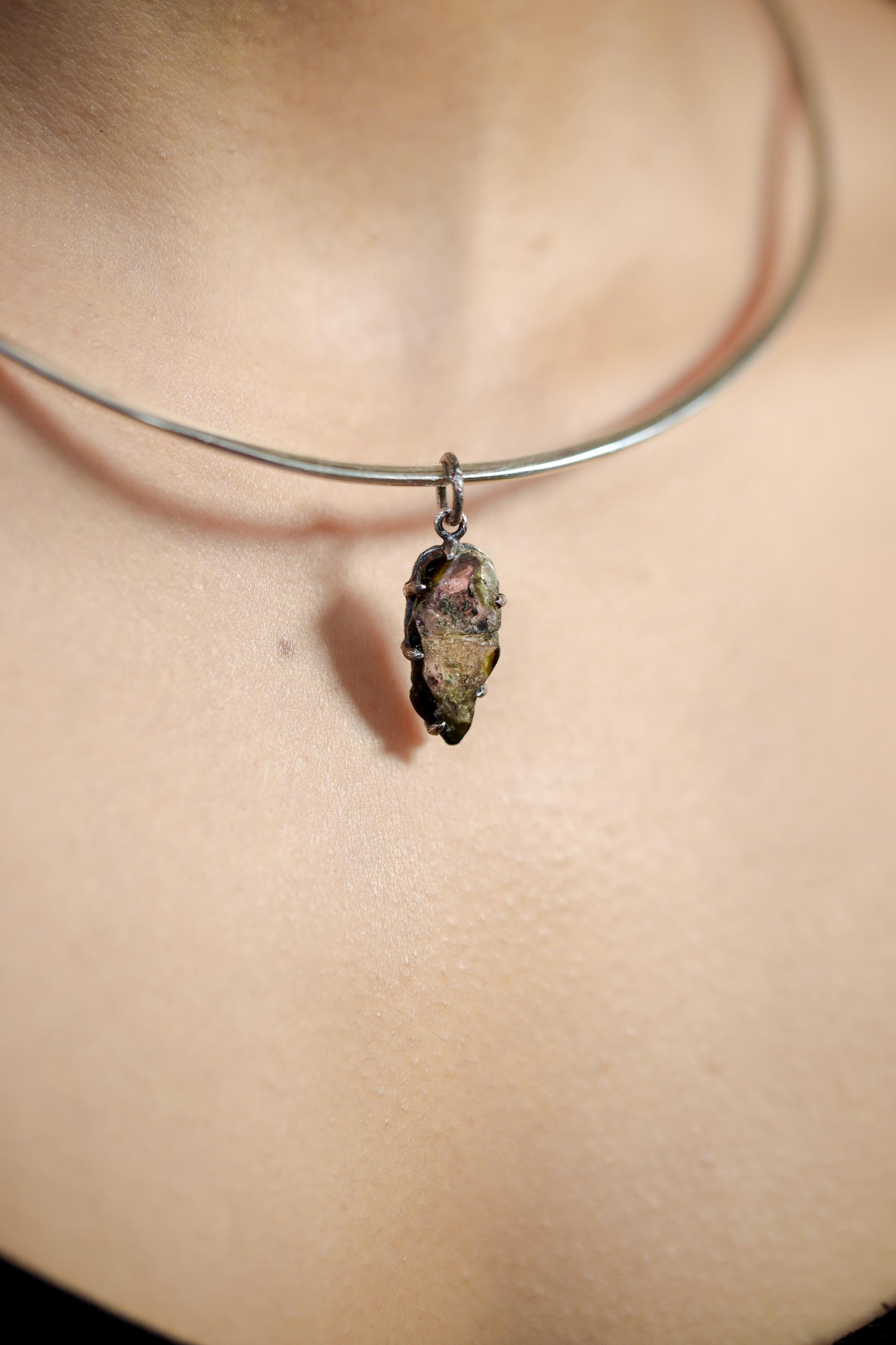 Polished Slice of Natural Watermelon Tourmaline Wand with Darker Rind Pendant, 925 Silver, Oxidized, Heart Chakra Crystal Jewelry Gift