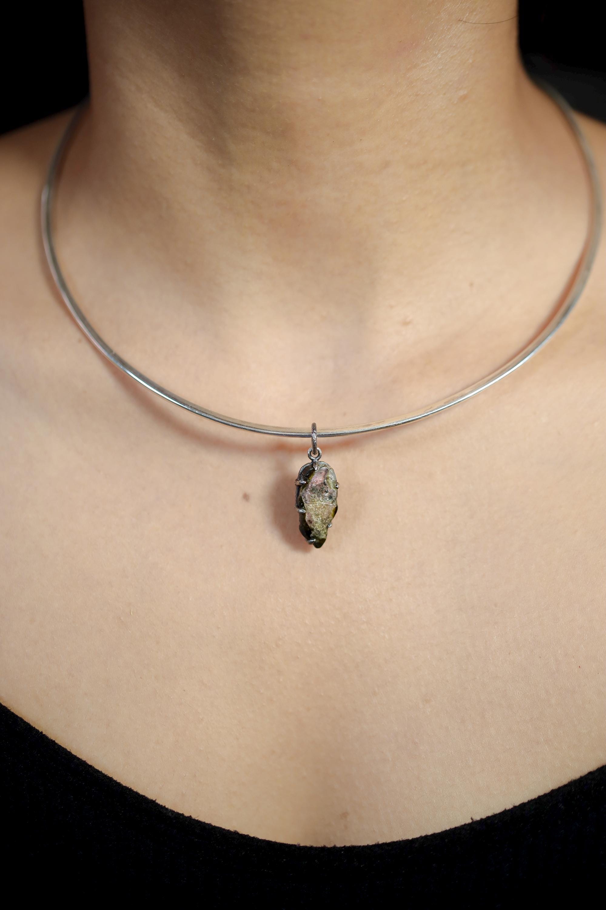 Polished Slice of Natural Watermelon Tourmaline Wand with Darker Rind Pendant, 925 Silver, Oxidized, Heart Chakra Crystal Jewelry Gift