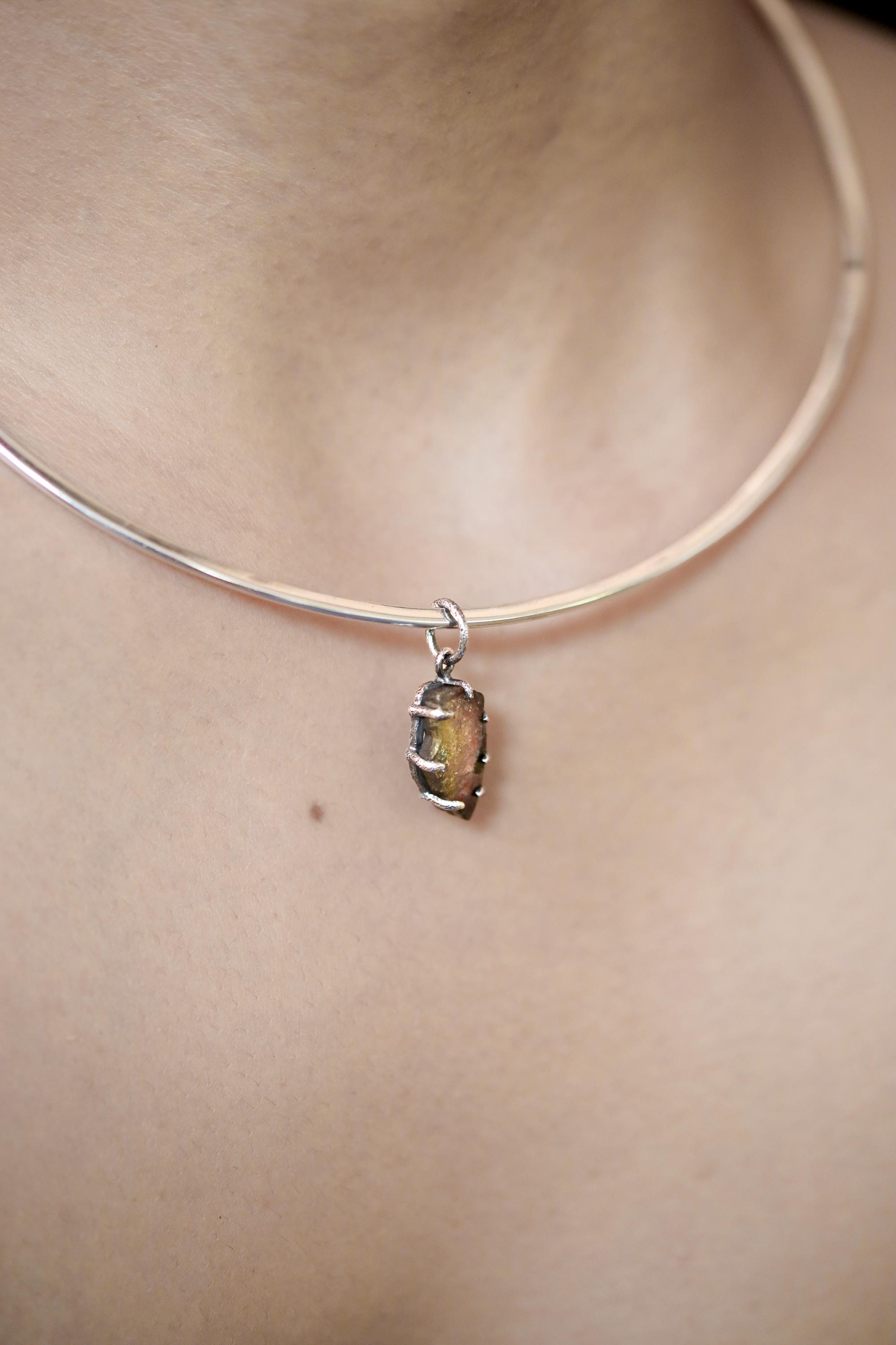 Polished Slice of Natural Watermelon Tourmaline Wand with Darker Rind Pendant, 925 Sterling Silver, Hammer Textured Oxidized, Claw Setting