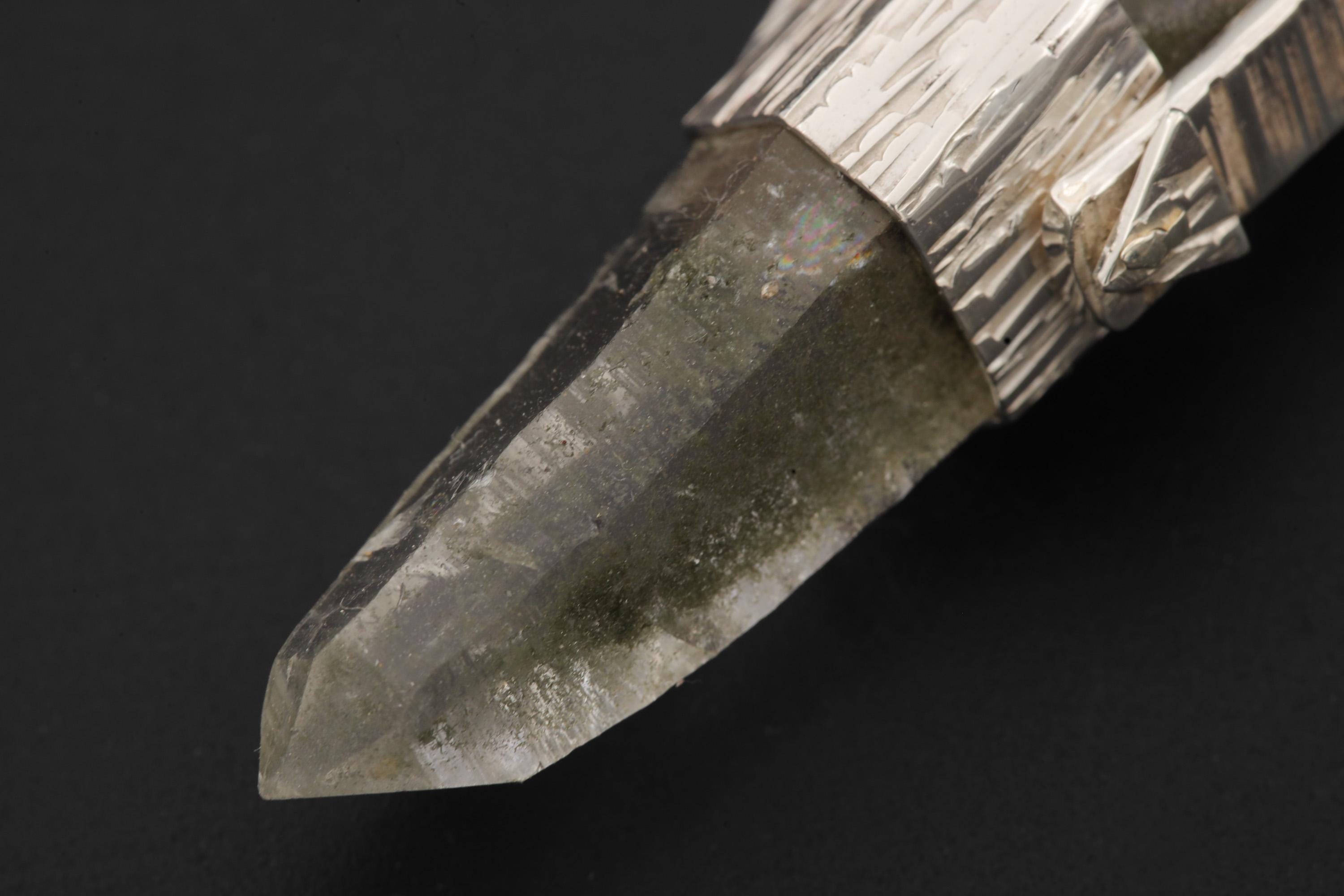 Himalayan Lemurian Laser Chlorite Quartz Point Pendant, Sterling Silver, Line Hammered Texture, High Shine Finish, Healing Jewelry
