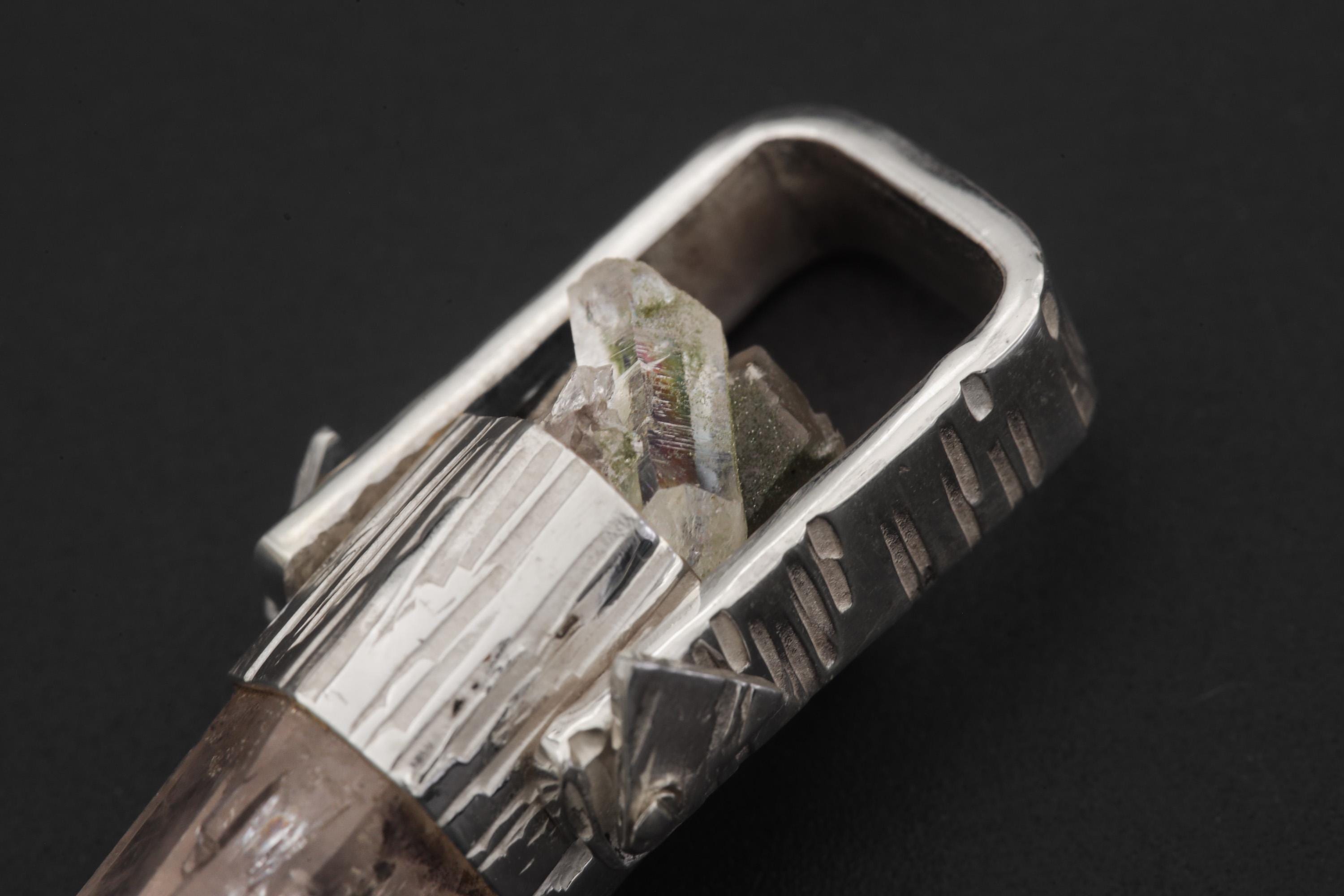 Lemurian Himalayan Laser Manifestation Quarts Point Pendant, 925 Silver, High Shine Finish, Hammered Texture, Chakra Healing Crystal Jewelry