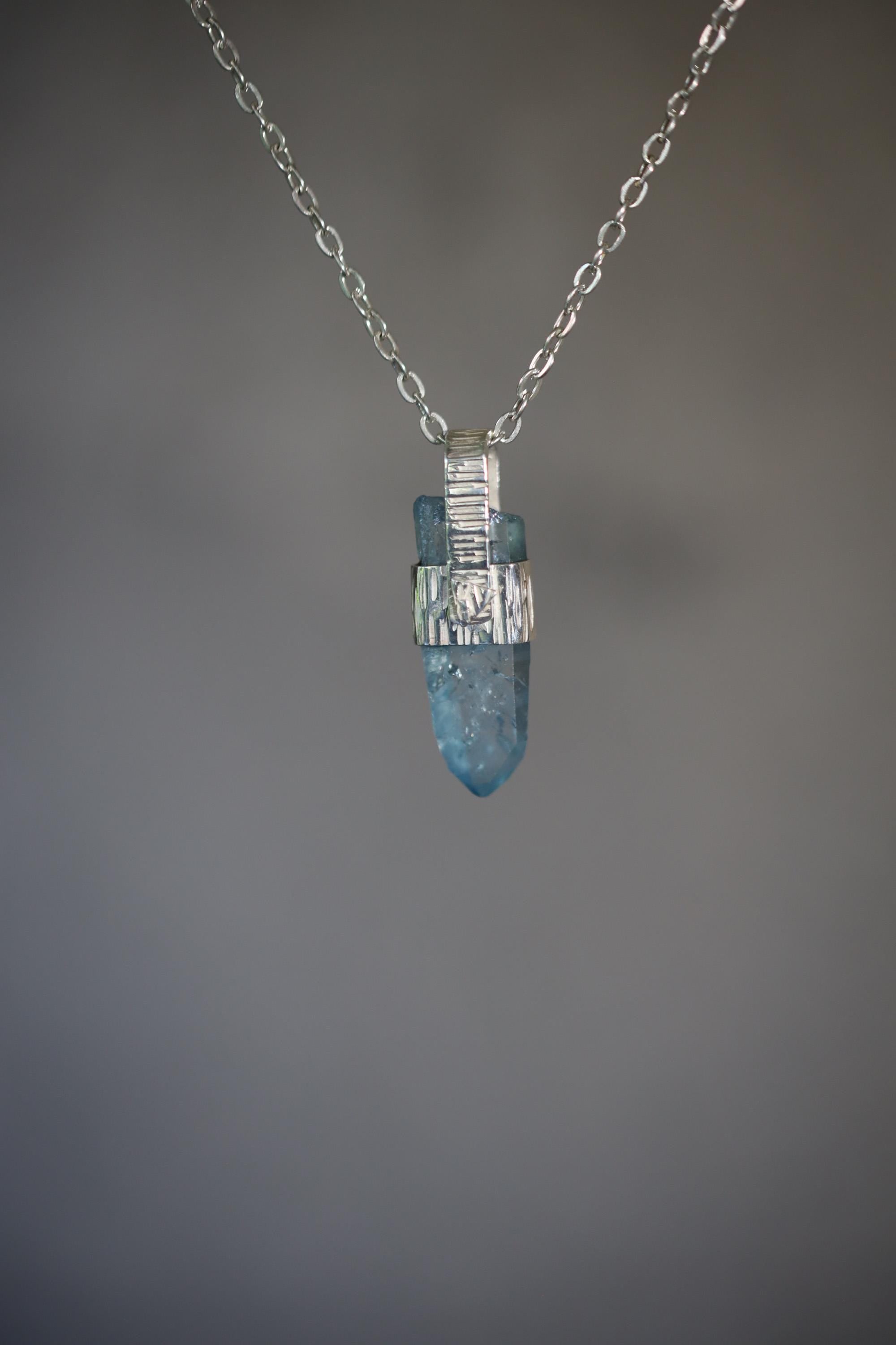 Aqua Aura Quartz Pendant 925 Sterling Silver Double Terminated Window Crystal Throat Crown Chakra Necklace