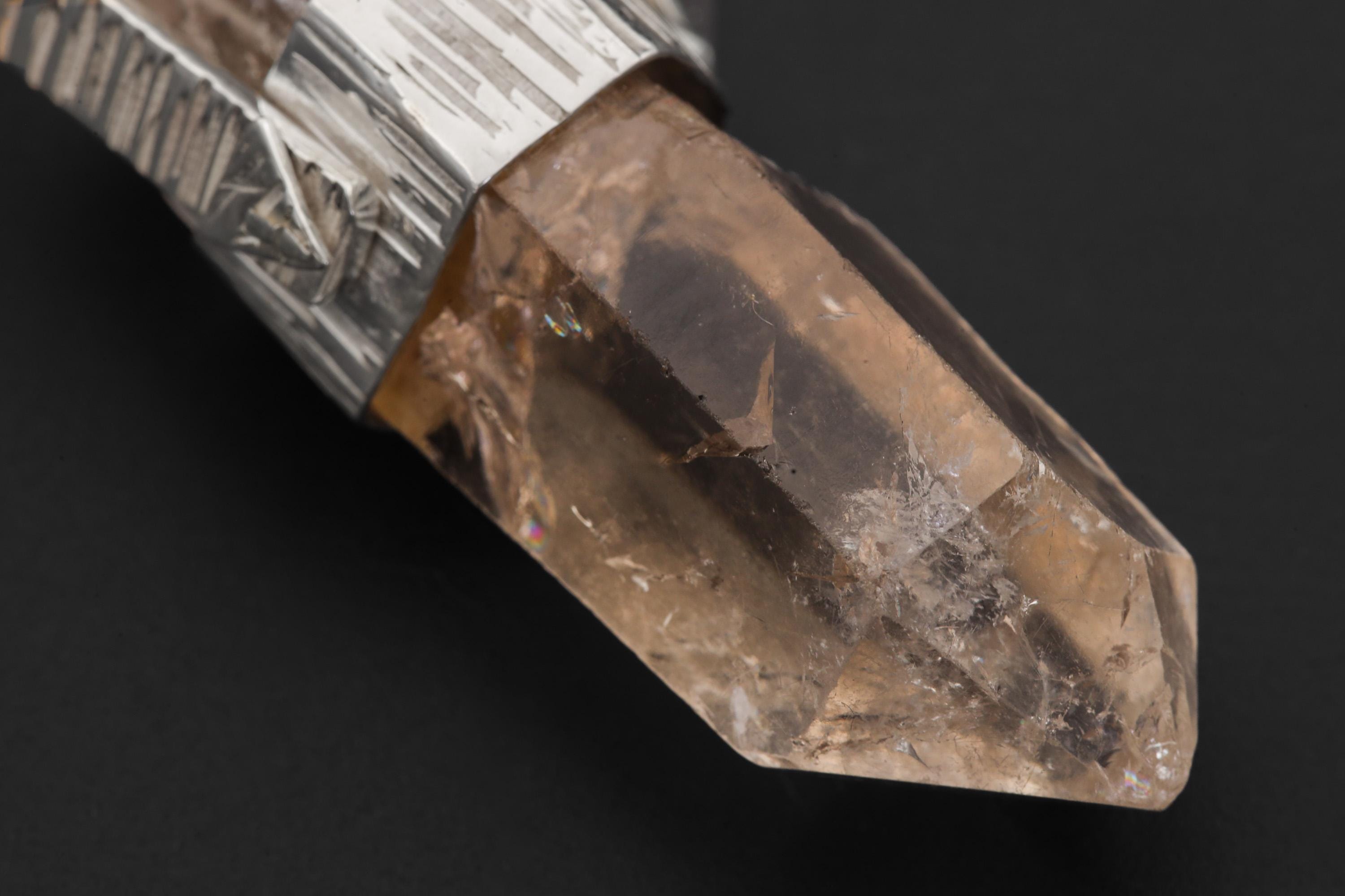 Hand Fossicked Light Smoky Rainbow Inclusion Generator Quartz Point Pendant, 925 Silver, High Shine, Hammered Texture, Minimalist Jewelry