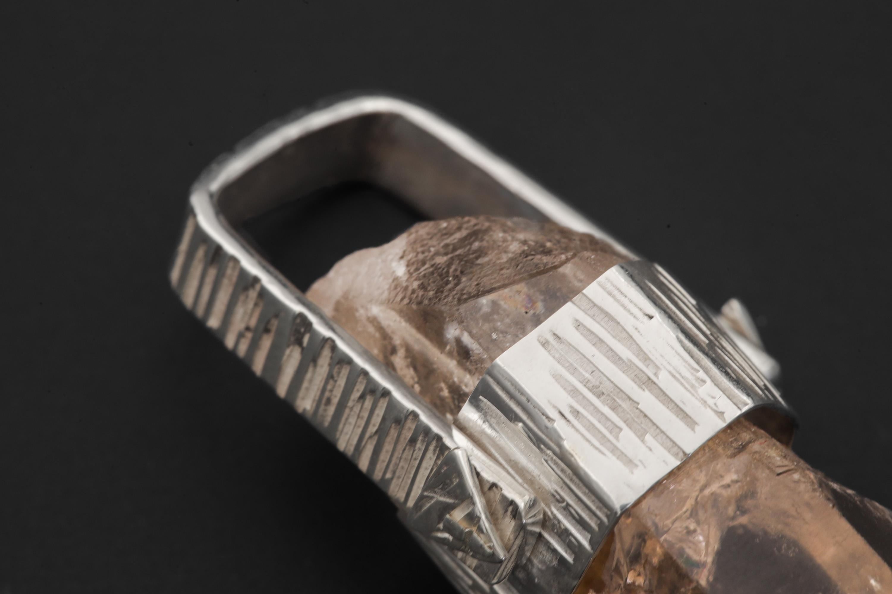 Hand Fossicked Light Smoky Rainbow Inclusion Generator Quartz Point Pendant, 925 Silver, High Shine, Hammered Texture, Minimalist Jewelry