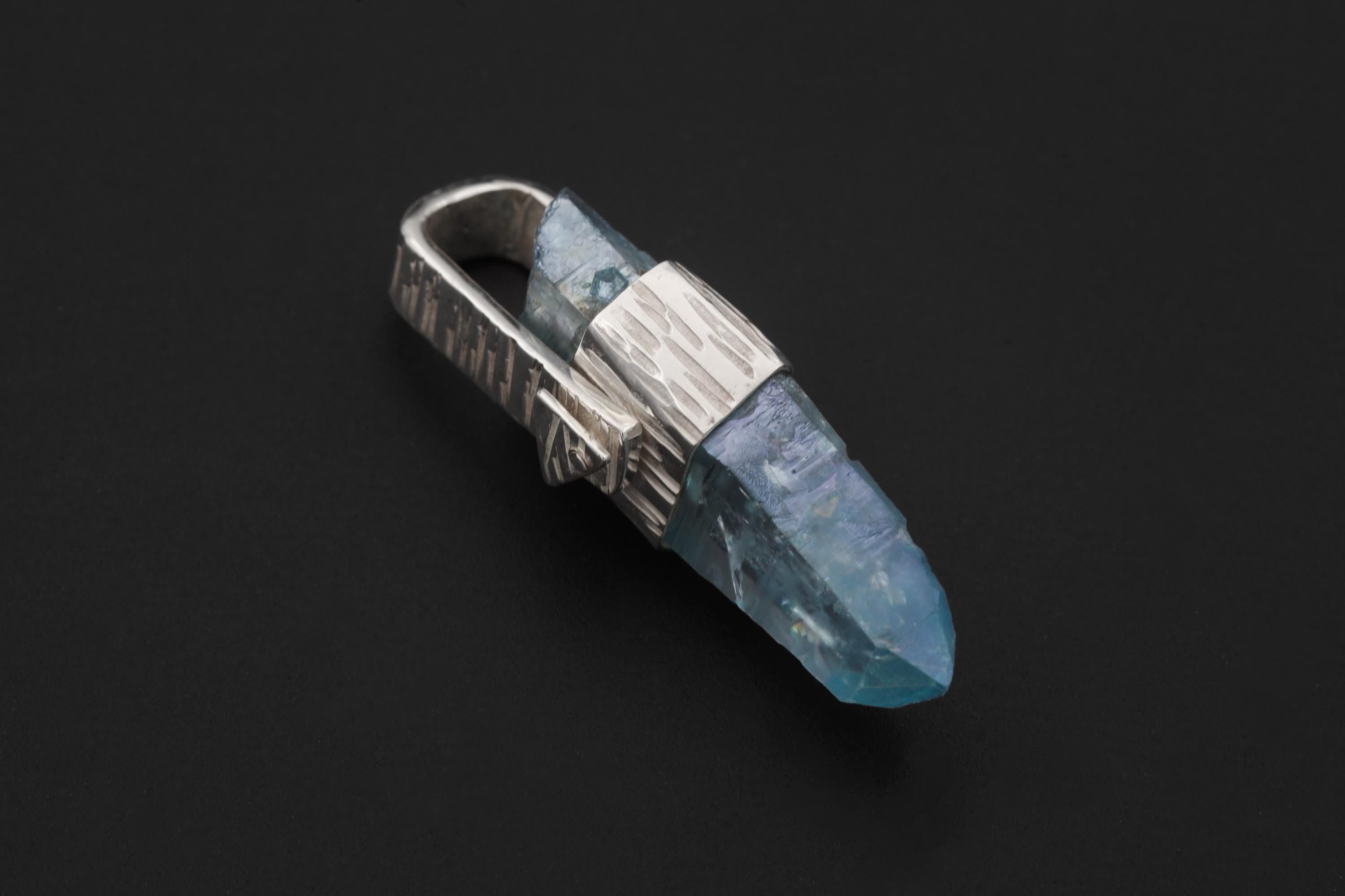 Tabular Rainbow Inclusion Aqua Aura Quartz Point Pendant, 925 Silver, Textured Bark Finish, Chakra Jewelry, Healing Quartz Energy Gift