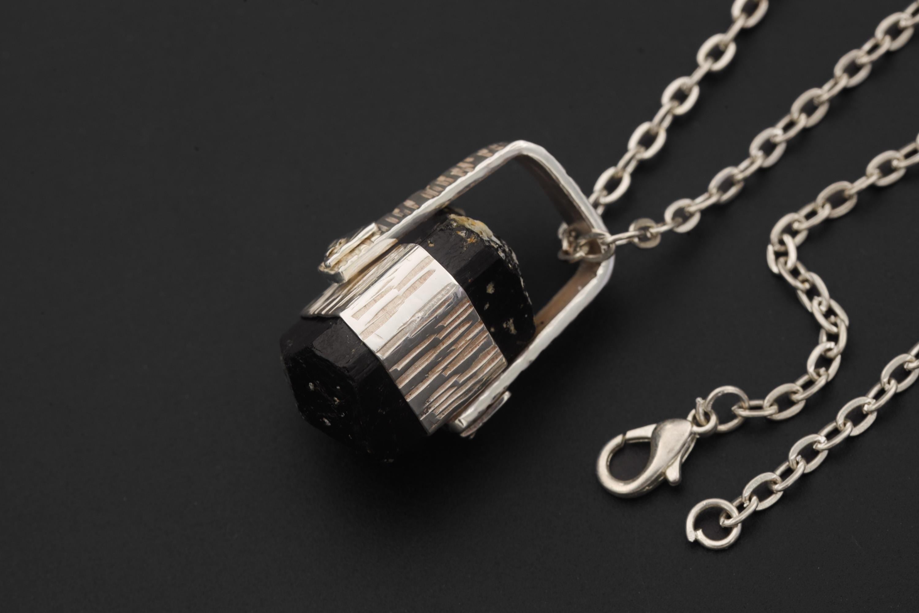 Himalayan Double Terminated Raw Hexagonal Black Tourmaline Specimen Pendant, 925 Silver Wrap, High Shine, Root Chakra Protection Jewelry