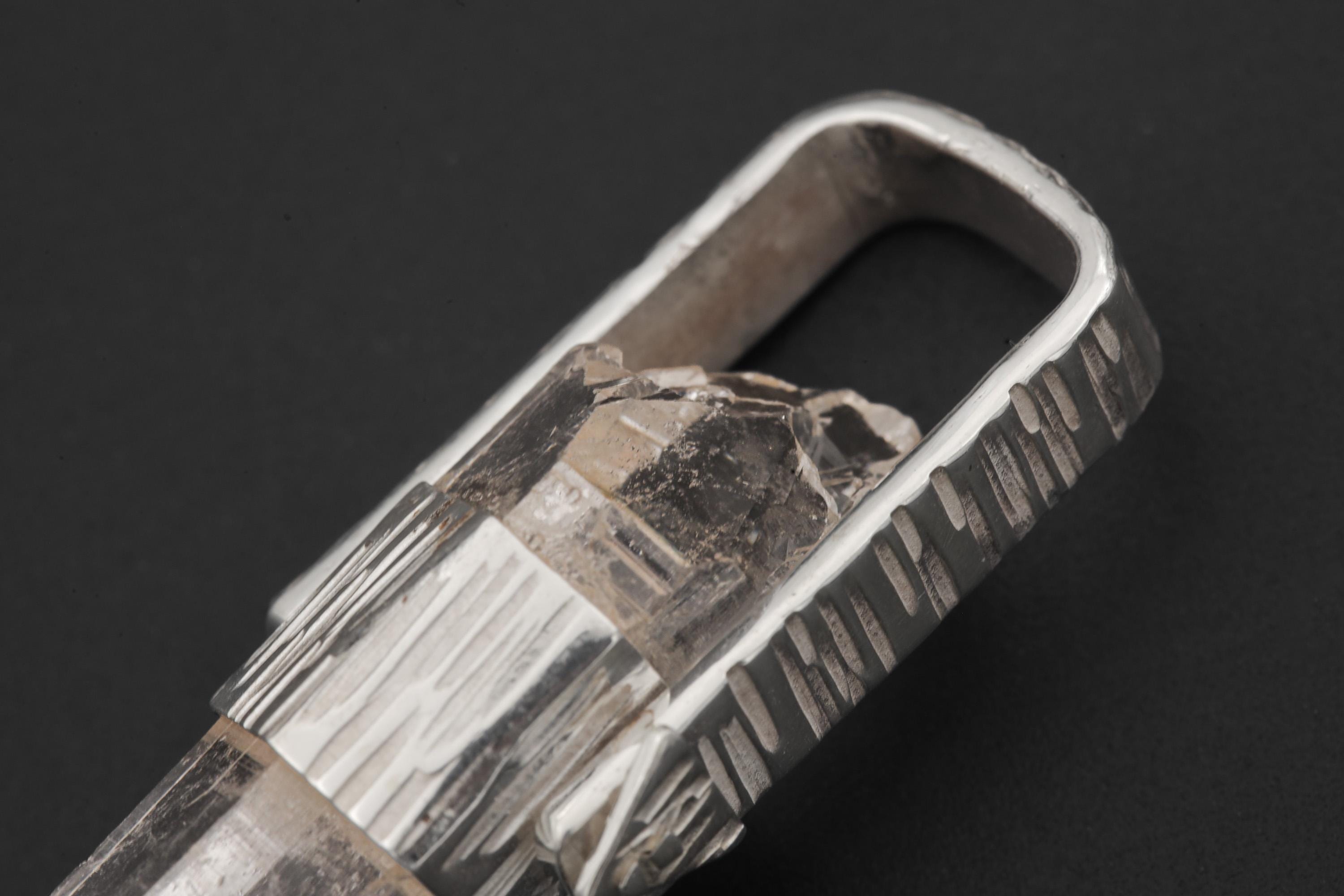 Himalayan Lemurian Rainbow Inclusion Clear Quartz Point Pendant, 925 Silver, High Shine, Hammered Texture, Meditation Crystal Talisman