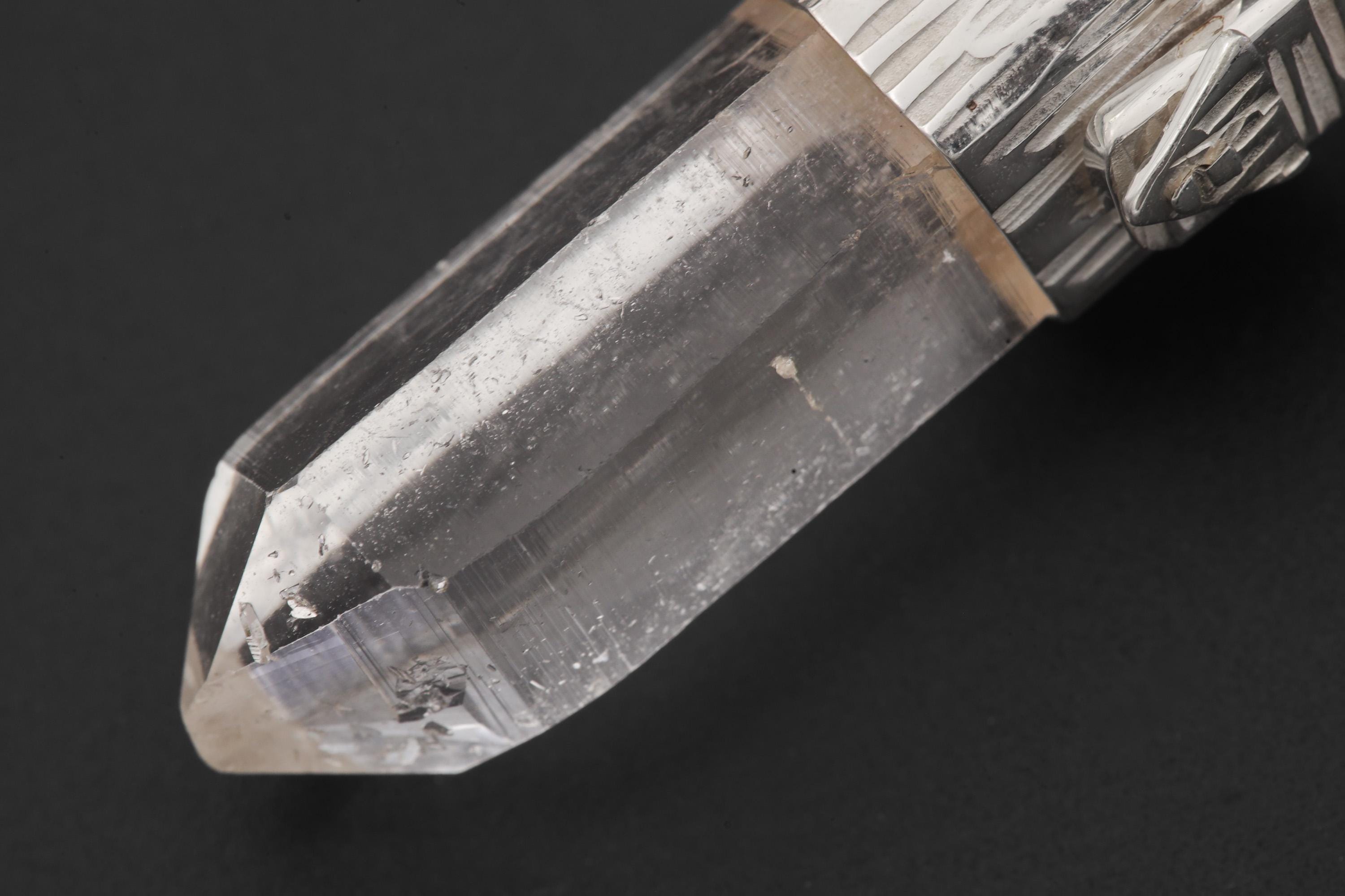 Himalayan Lemurian Rainbow Inclusion Clear Quartz Point Pendant, 925 Silver, High Shine, Hammered Texture, Meditation Crystal Talisman