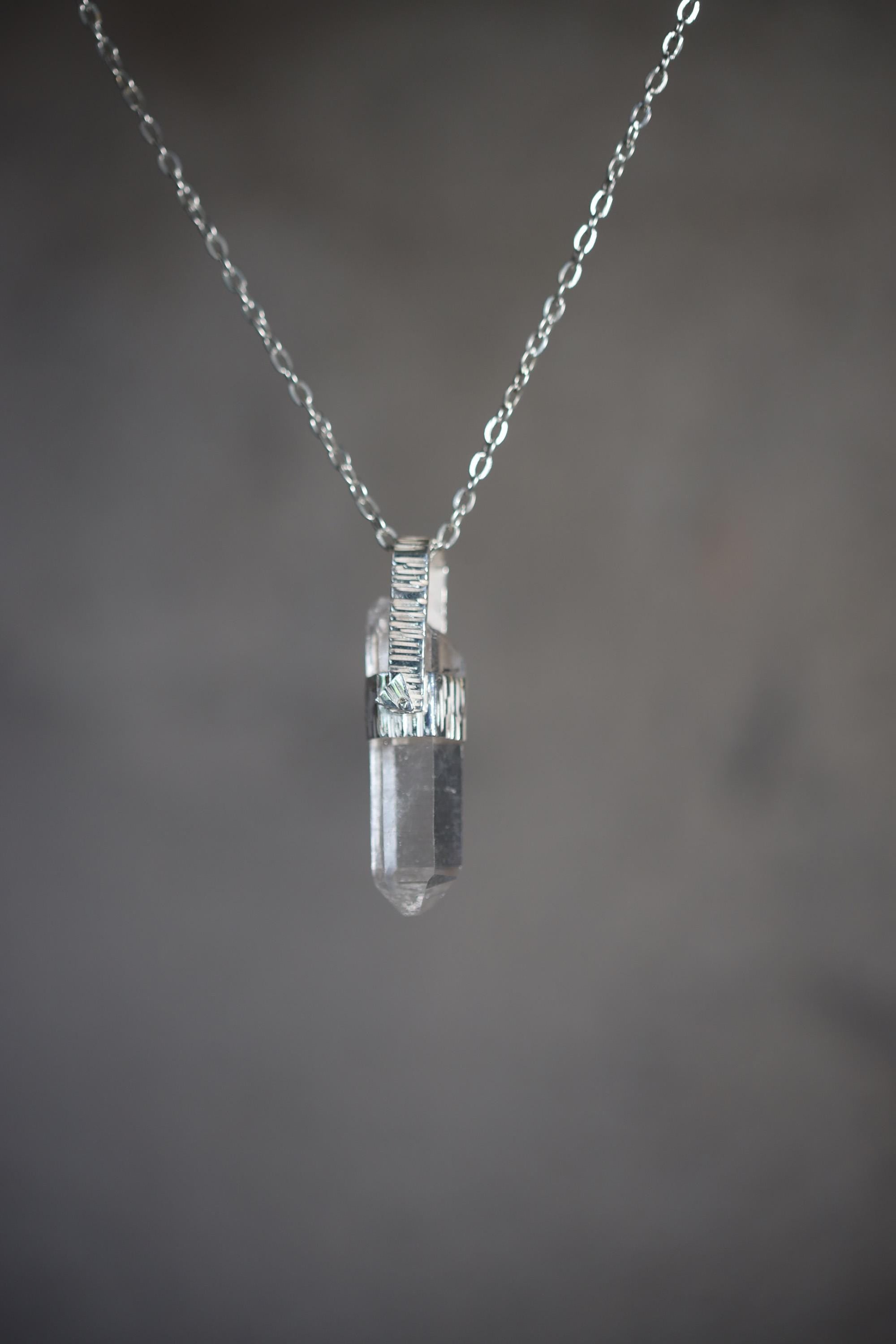 Himalayan Lemurian Rainbow Inclusion Clear Quartz Point Pendant, 925 Silver, High Shine, Hammered Texture, Meditation Crystal Talisman