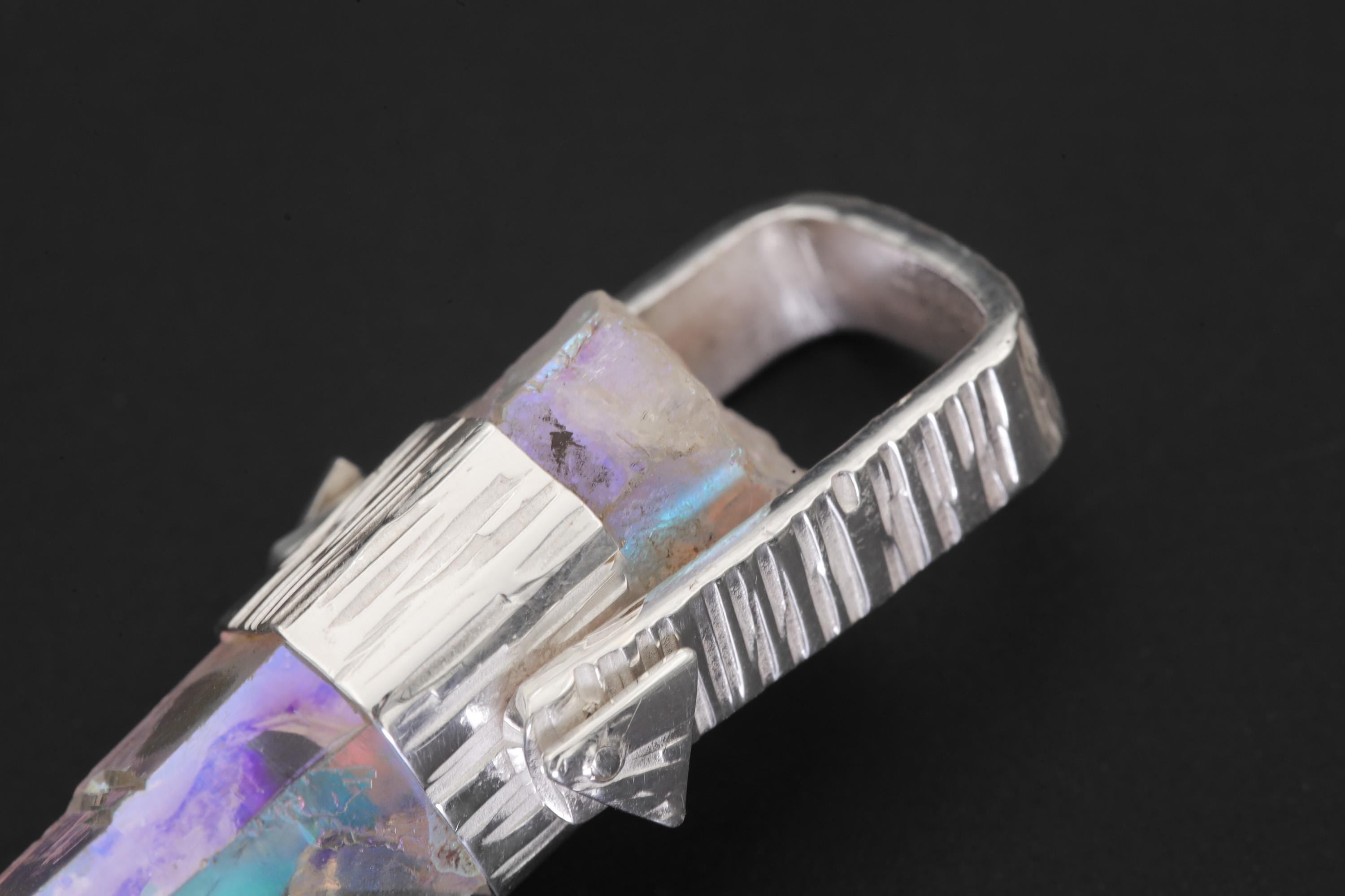 Lemurian Aura Quartz Point Pendant, Hammered Sterling Silver Talisman