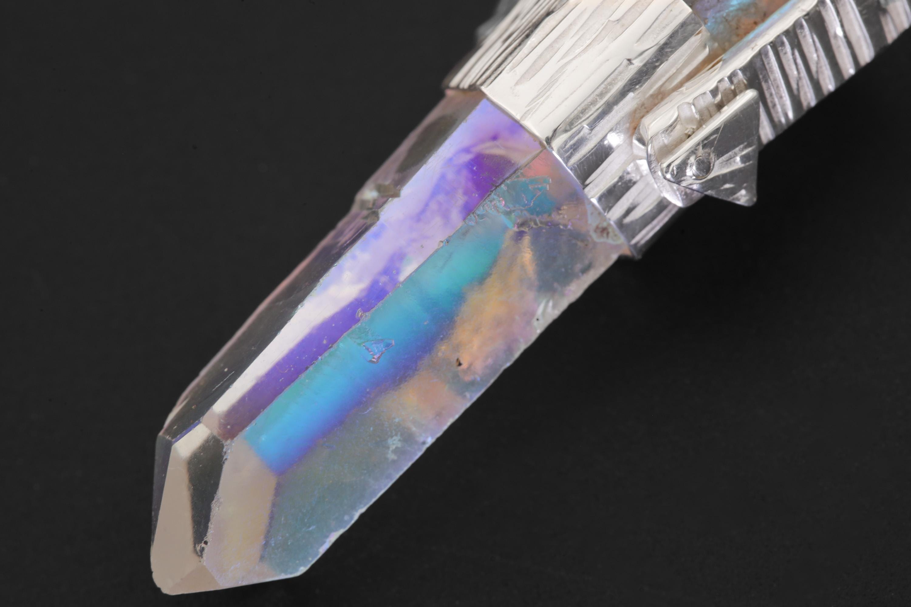 Lemurian Laser Opal Angle Aura Quartz Point Pendant, Sterling Silver, Hammered Texture, High Polish, Chakra Energy, Minimalist Talisman