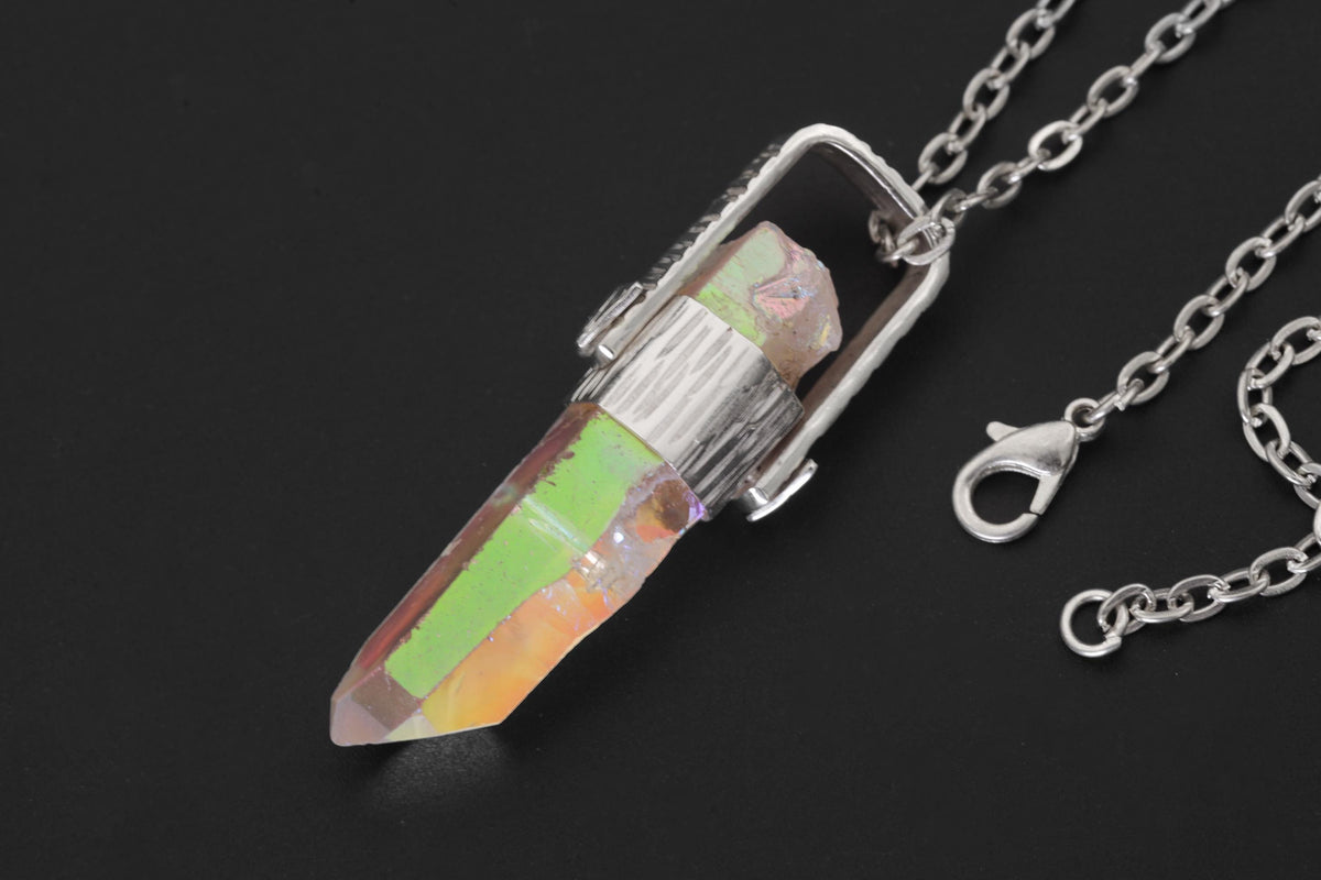 Lemurian Laser Opal Angle Aura Quartz Point Pendant, Sterling Silver, Hammered Texture, High Polish, Chakra Energy, Minimalist Talisman