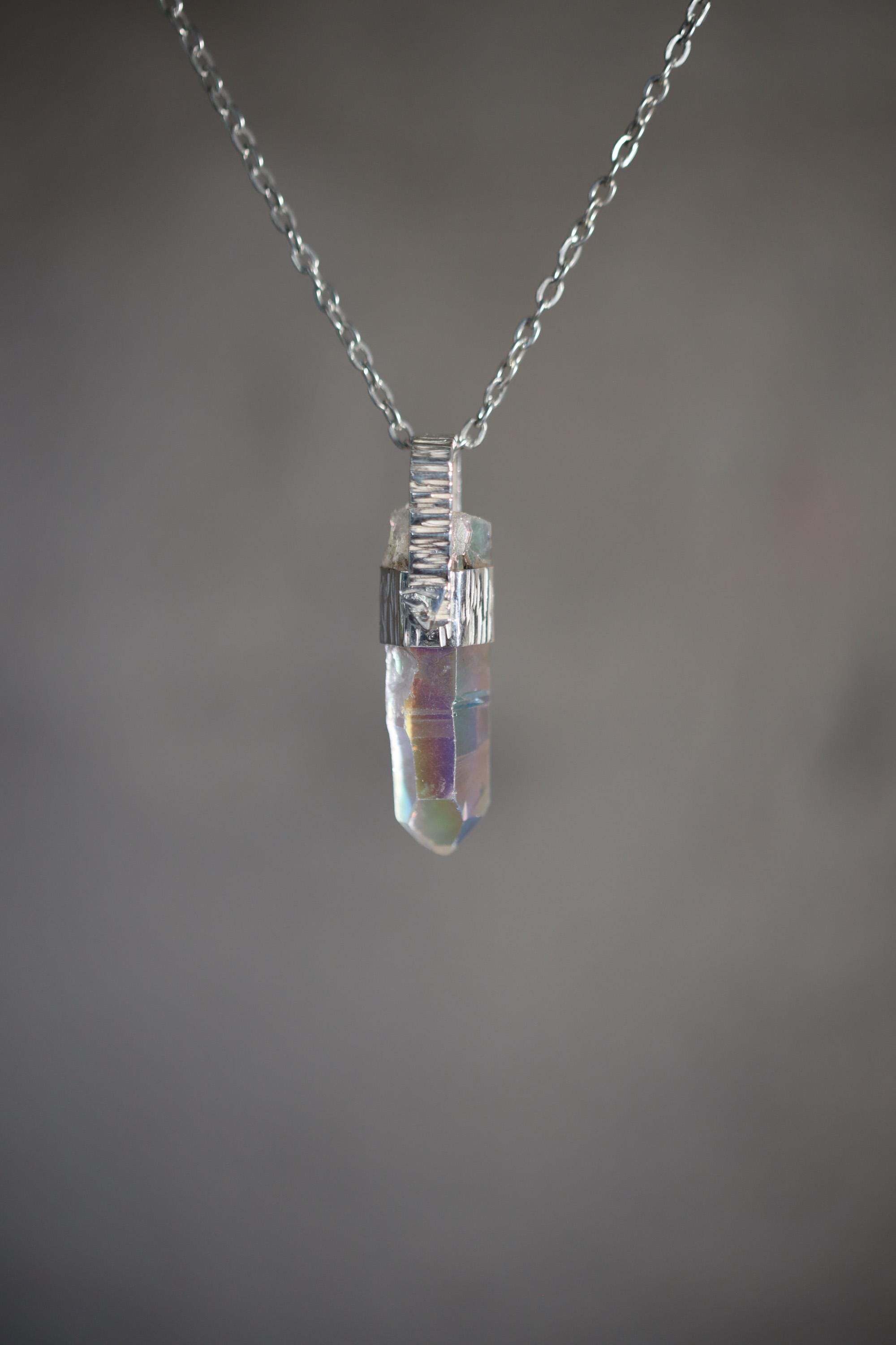 Lemurian Aura Quartz Point Pendant, Hammered Sterling Silver Talisman